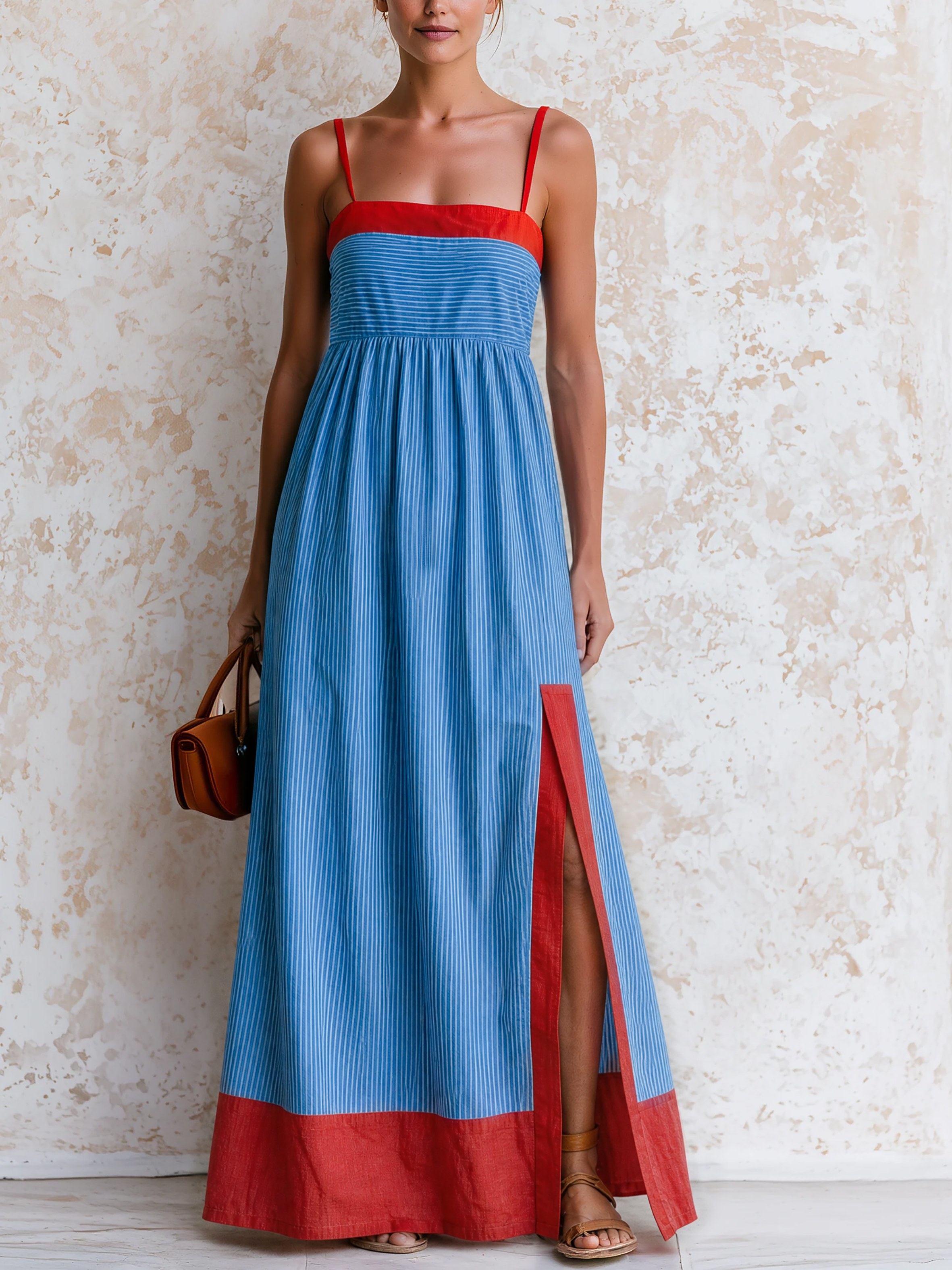 Red Blue Contrast Stripe Cami Maxi Dress