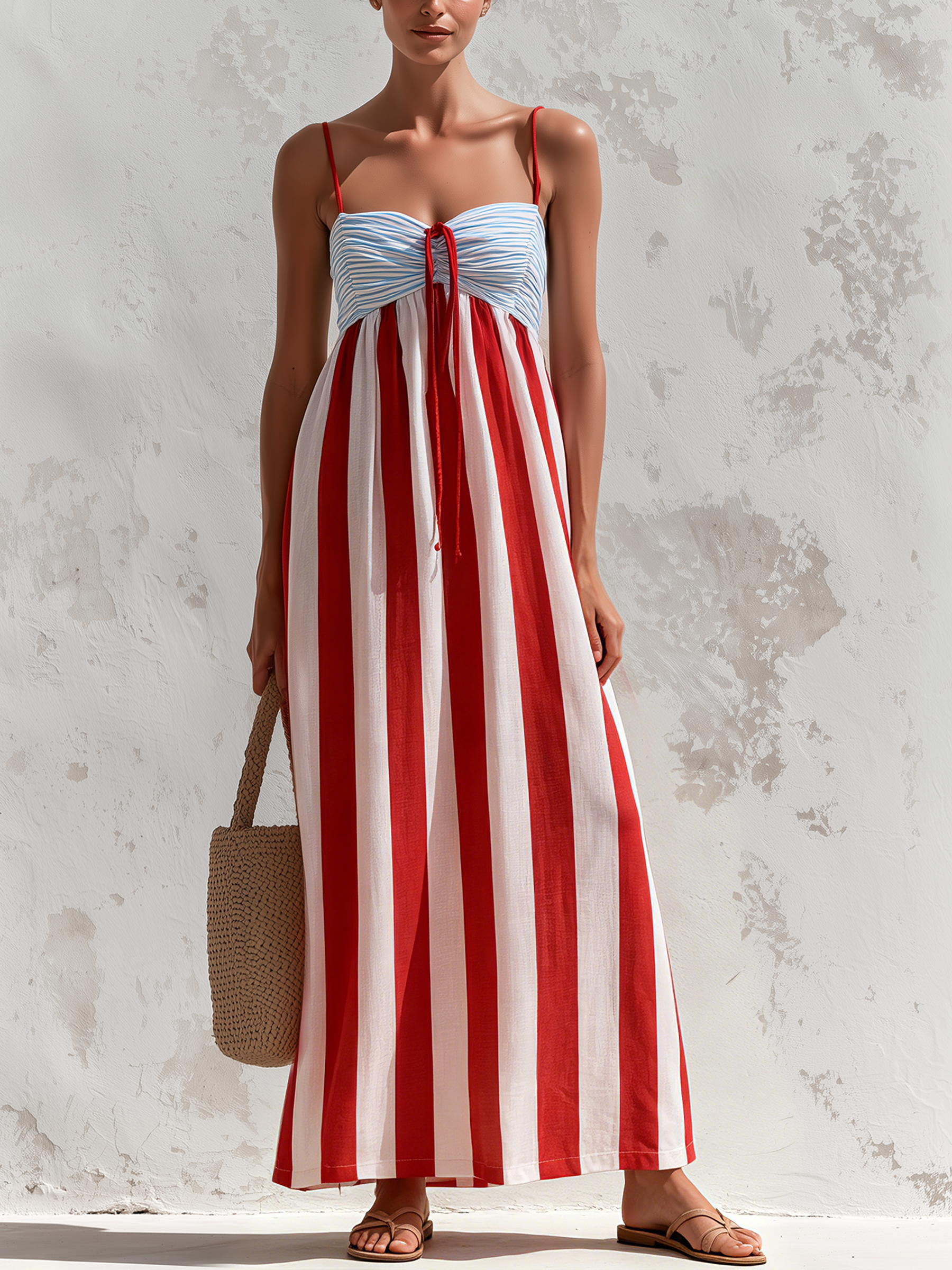 Red White Stripe Contrast Bust Cami Maxi Dress
