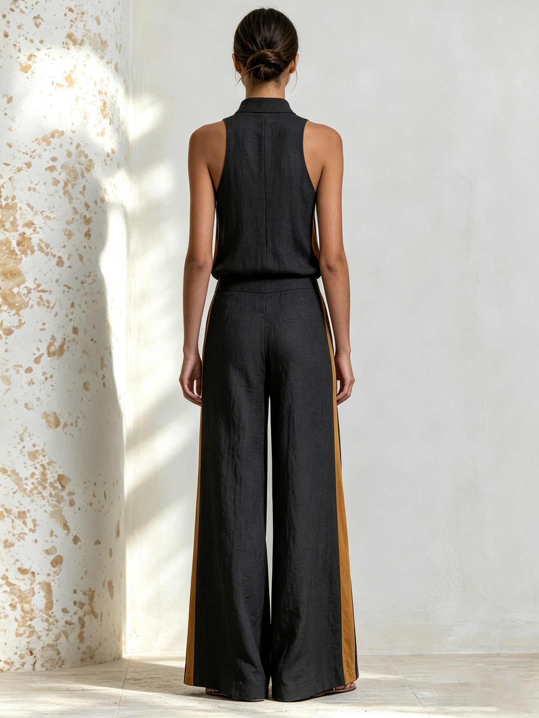 Women’s Sleeveless High Neck Top & Wide Leg Pants Set with Contrast Stripe