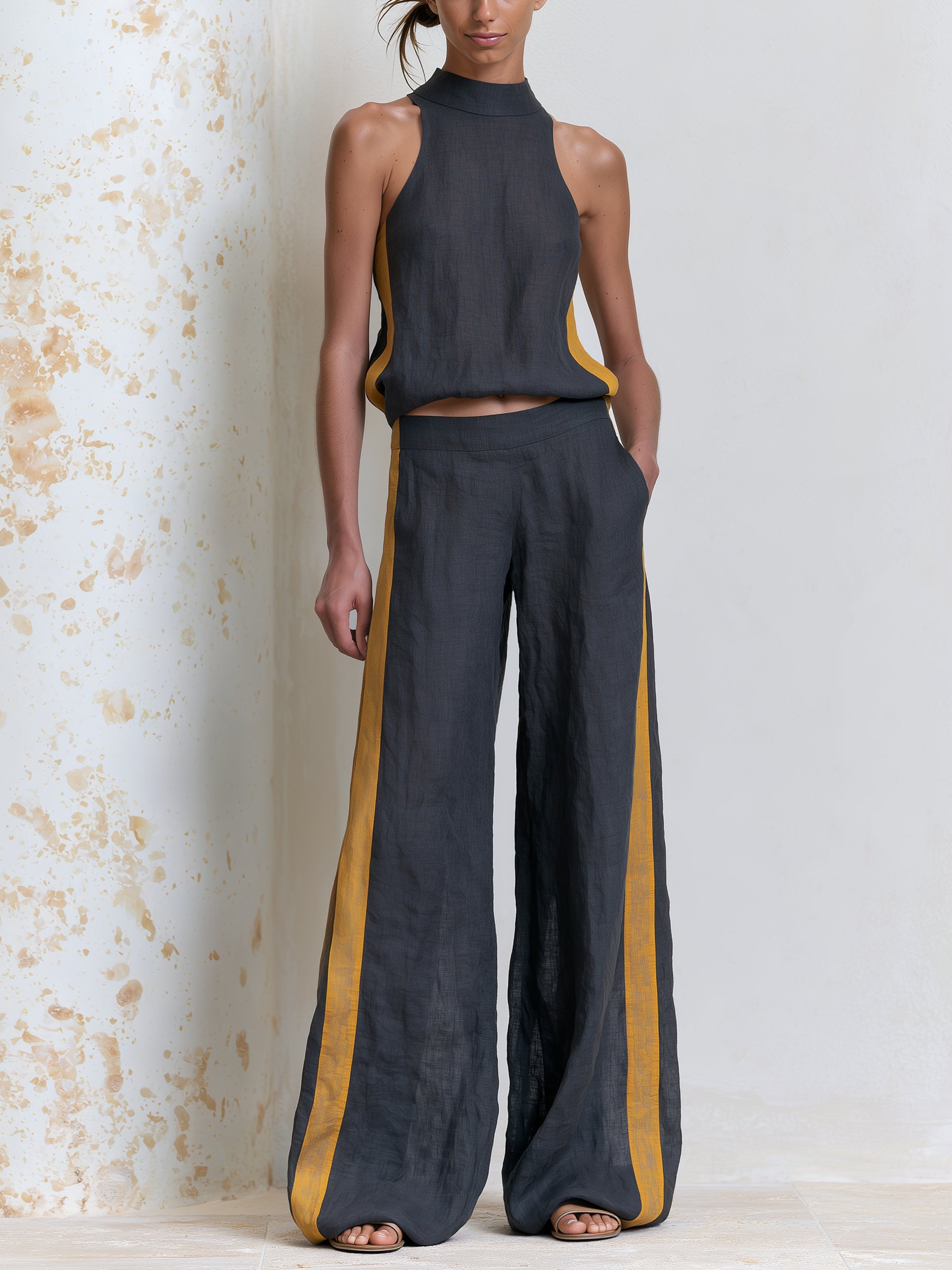 Women’s Sleeveless High Neck Top & Wide Leg Pants Set with Contrast Stripe