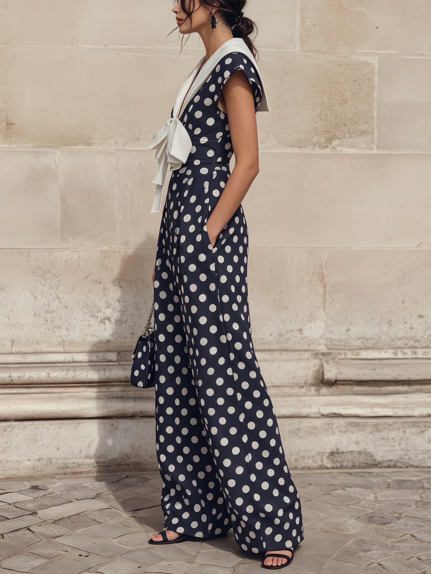 Navy Polka Dot Wide-Leg Jumpsuit With Sailor Collar & Bow Detail