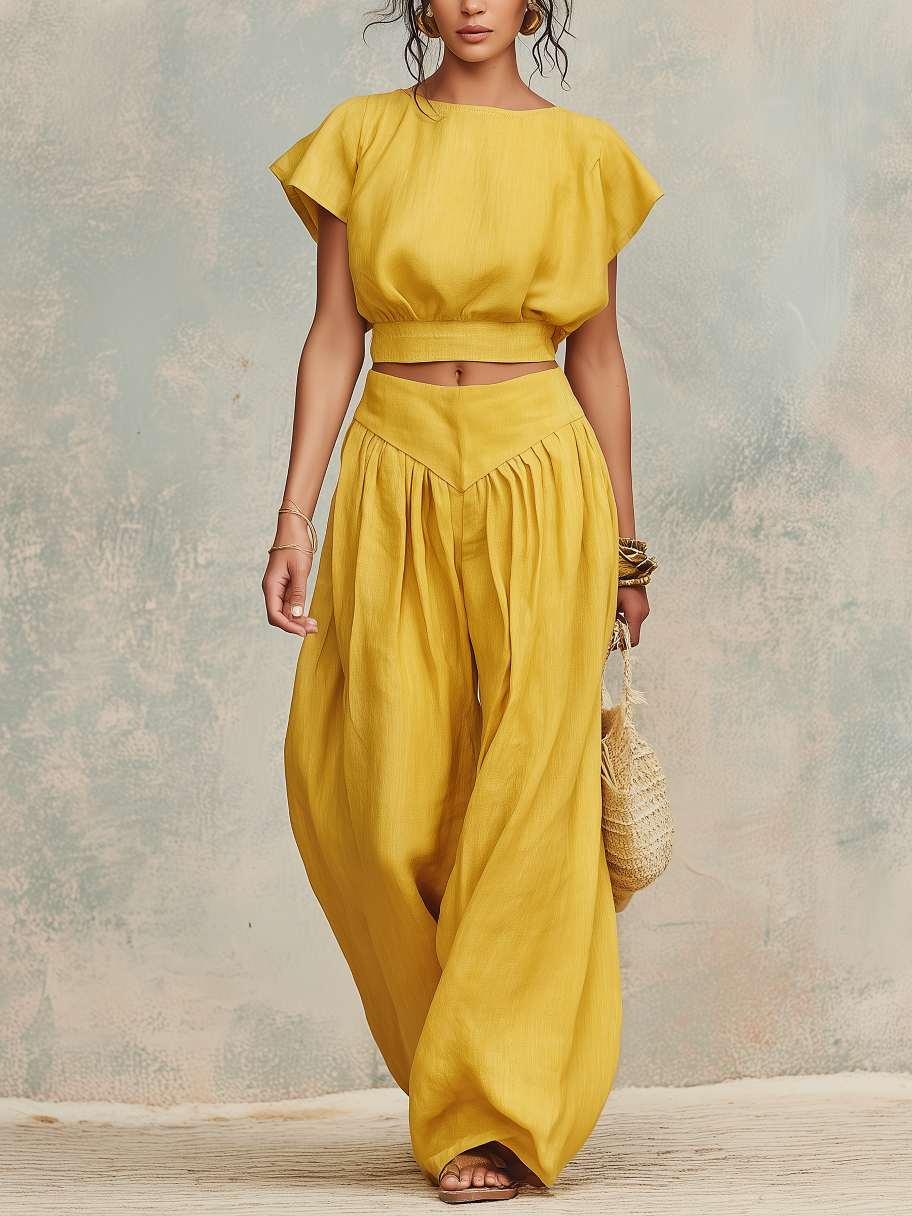 Sunflower Linen Crop Top & Wide-Leg Pants Set