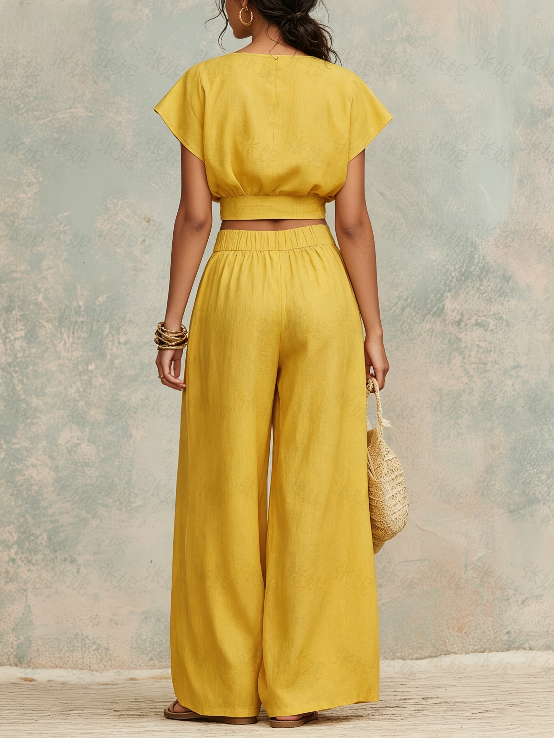 Sunflower Linen Crop Top & Wide-Leg Pants Set