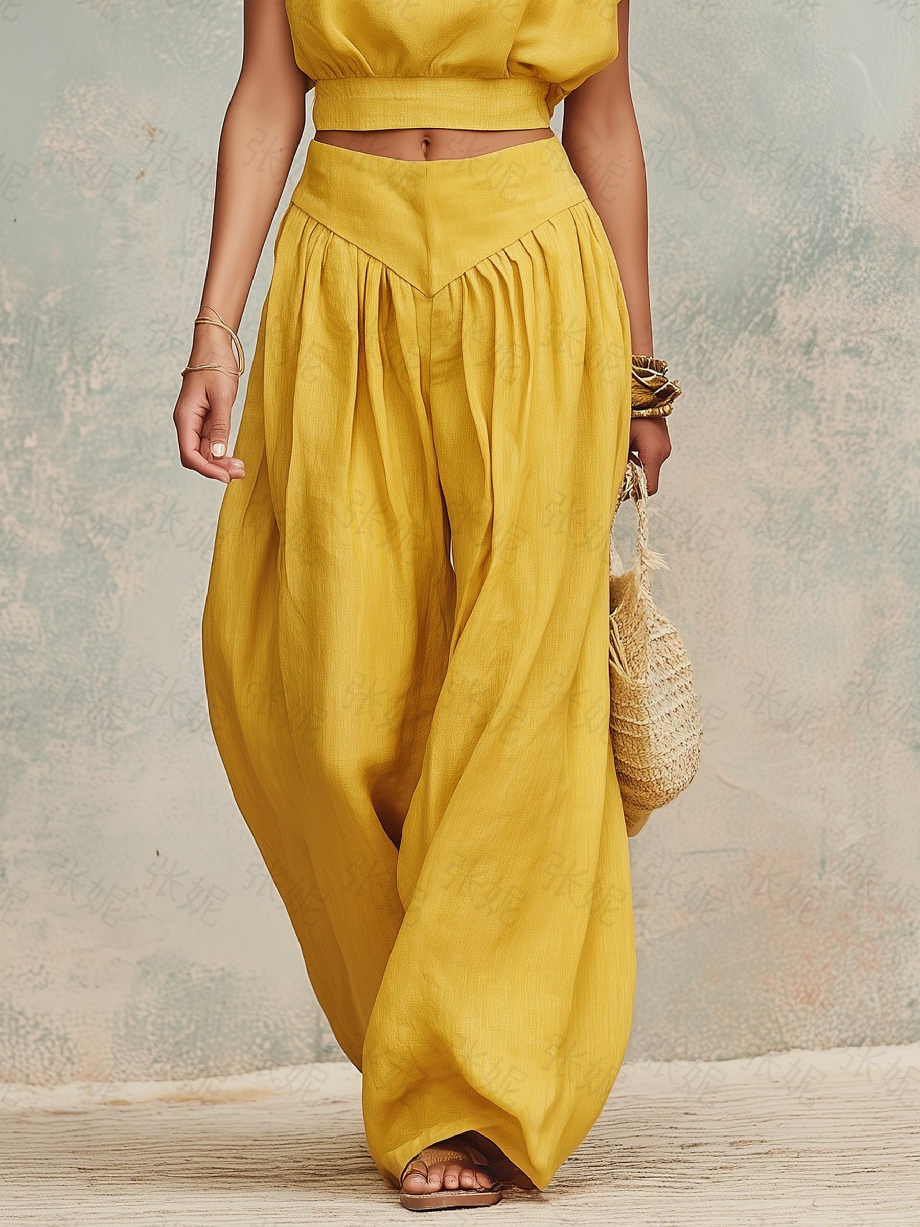Sunflower Linen Crop Top & Wide-Leg Pants Set