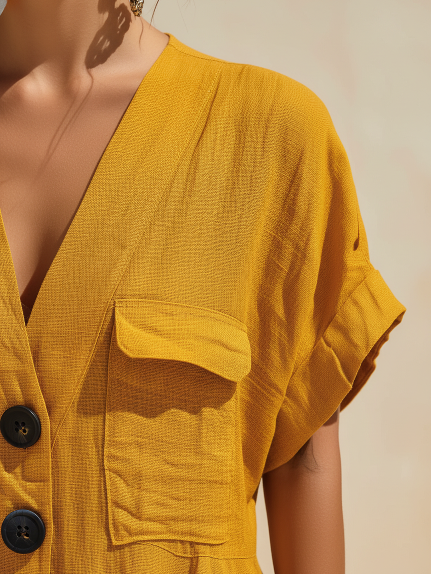 Linen-Blend Yellow Jumpsuit | Button-Front Harem Pants With Pockets