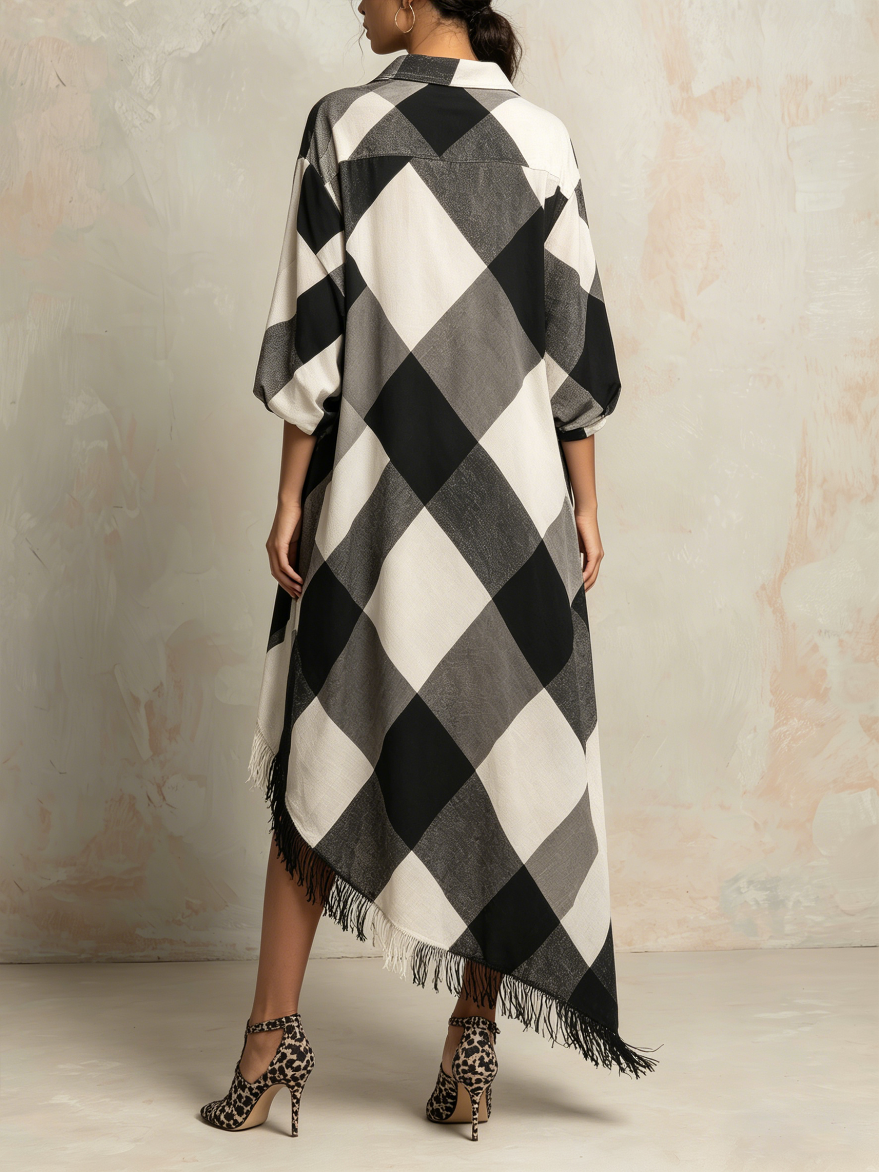 Oversized Geometric Print Fringe Shirt Dress