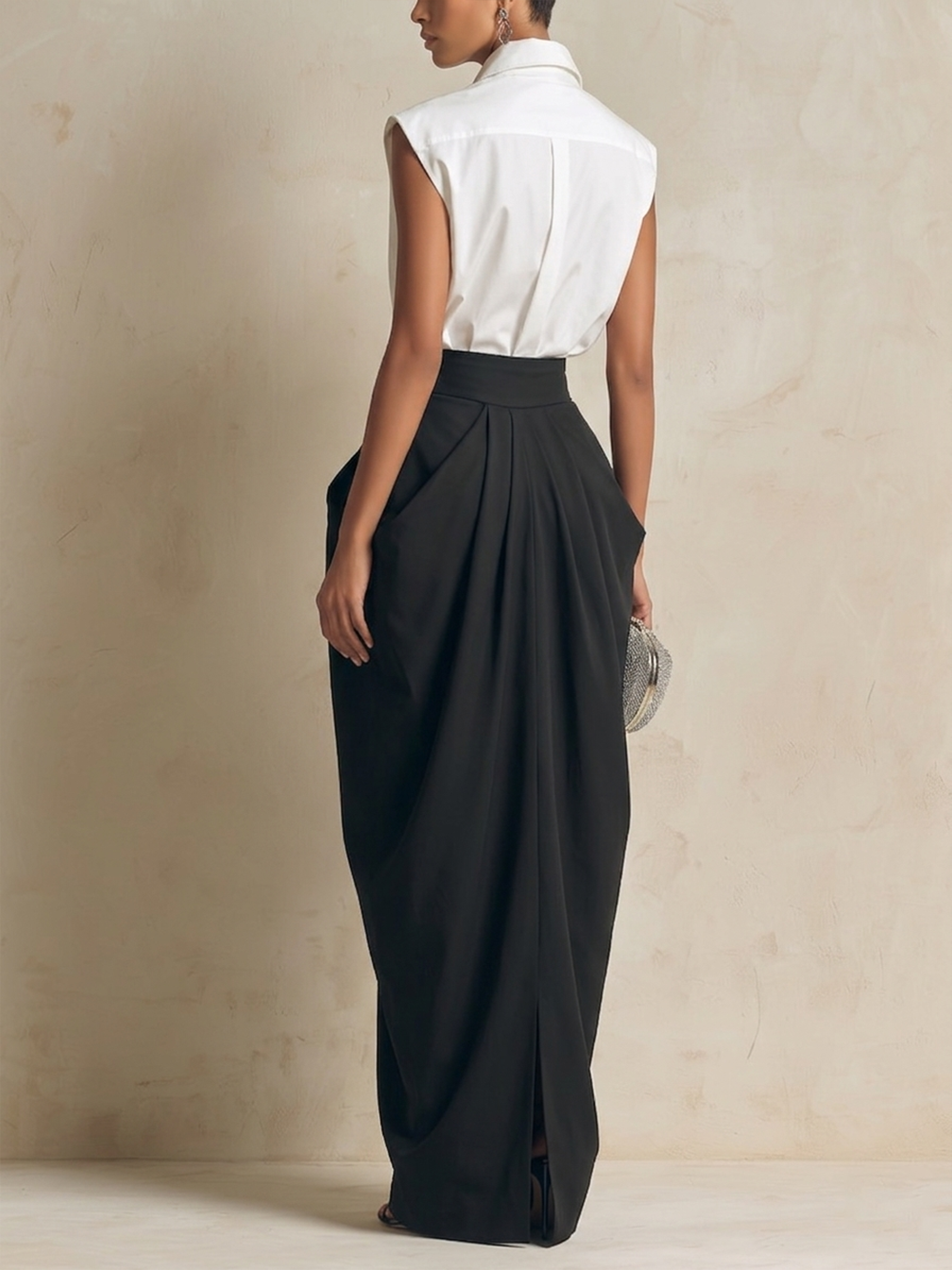 White Sleeveless Shirt & Draped High-Waisted Black Maxi Skirt Set