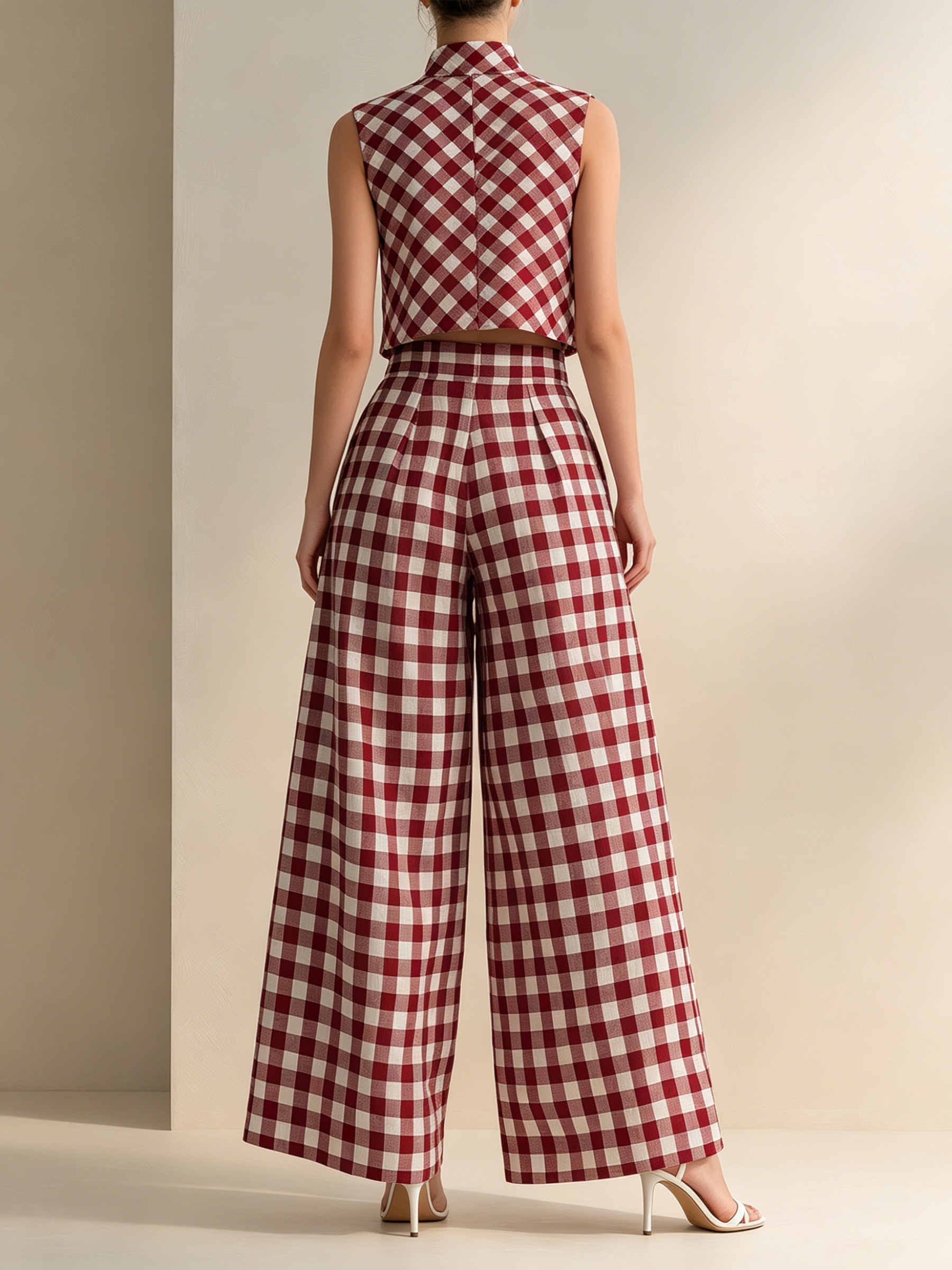 Red Gingham Sleeveless Crop Top & High-Waisted Wide-Leg Pants Set