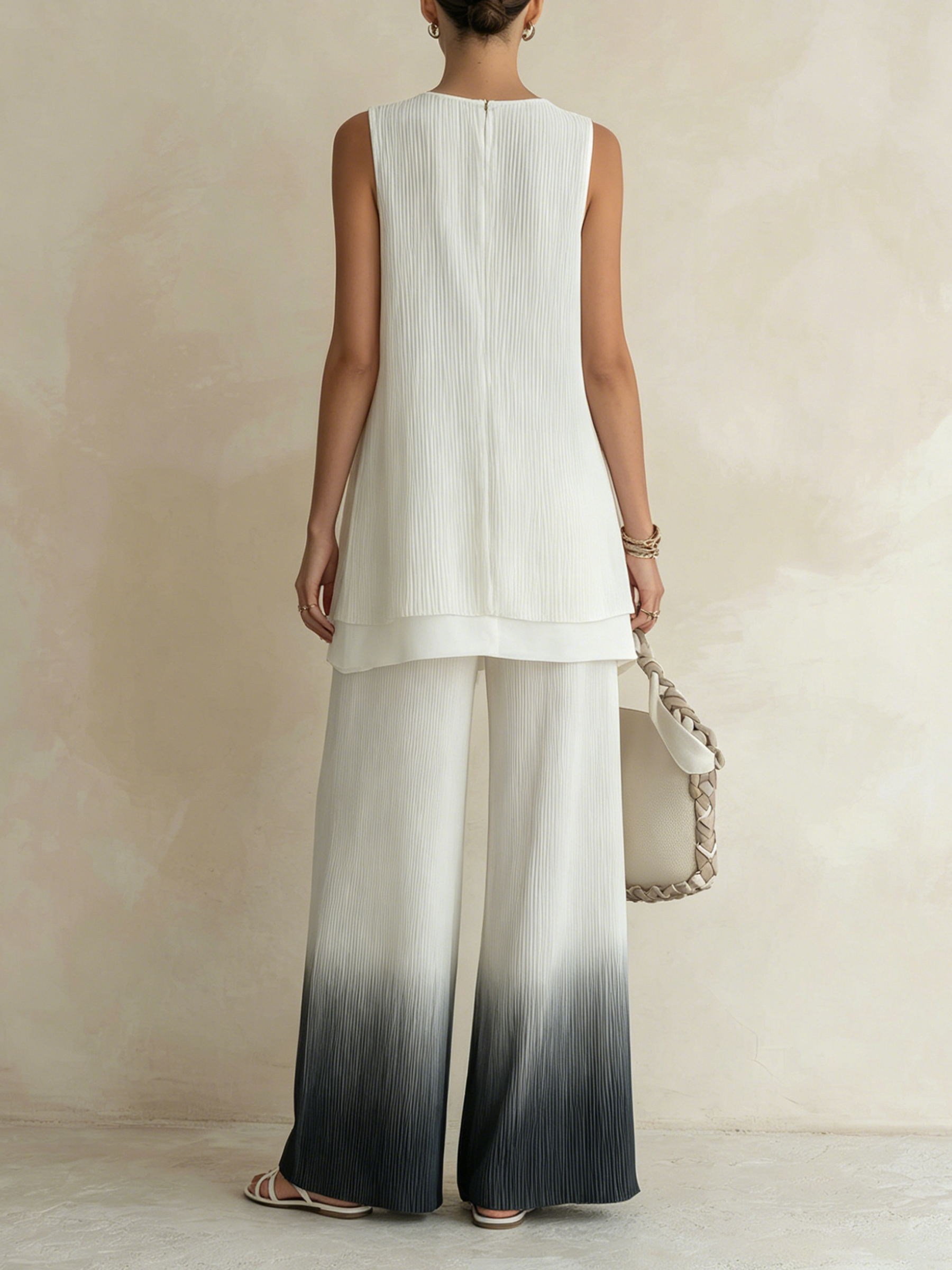 Pleated Sleeveless Tunic & Gradient Wide-Leg Pants Set | Flowy, Wrinkle-Resistant Co-Ord Set For Effortless Elegance
