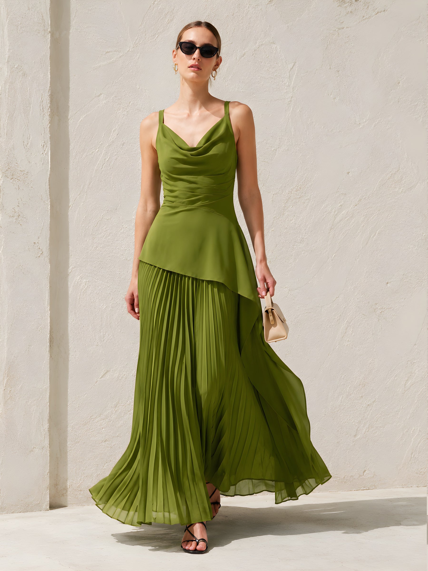 Olive Cowl-Neck Asymmetric Hem Top & Pleated Maxi Skirt Set