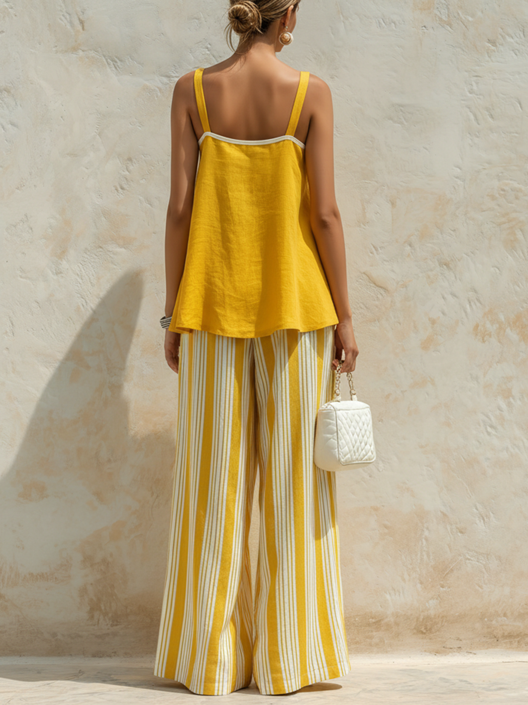 Yellow Linen-Blend Cami Top & Striped Wide-Leg Pants Two-Piece Set