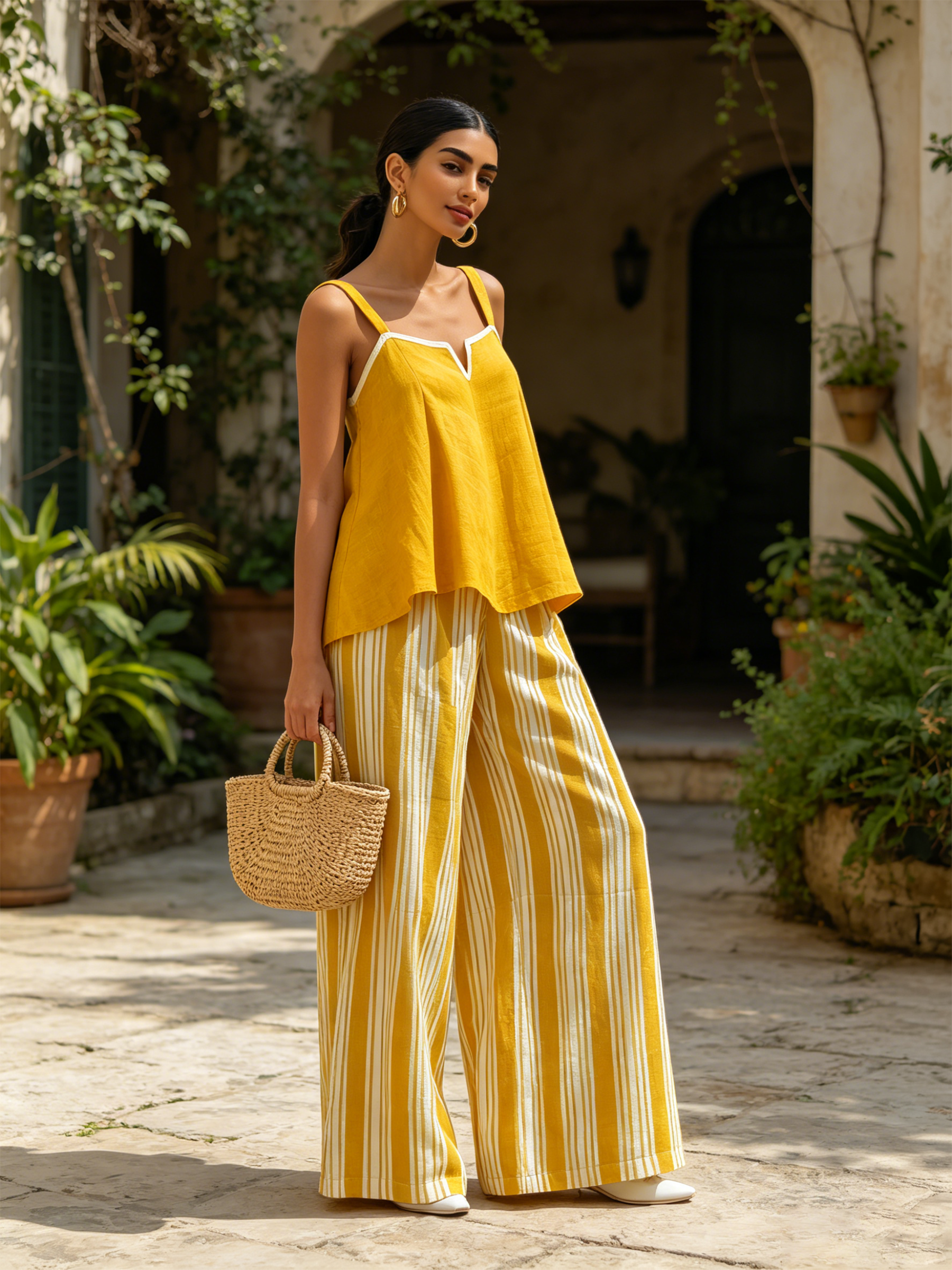 Yellow Linen-Blend Cami Top & Striped Wide-Leg Pants Two-Piece Set