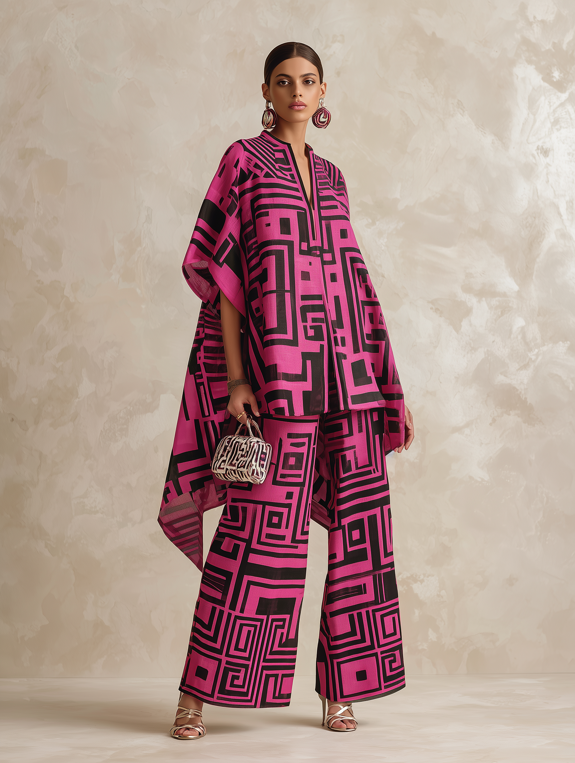 Bold Geometric Print Flowy Kaftan Top & Wide-Leg Pants Set