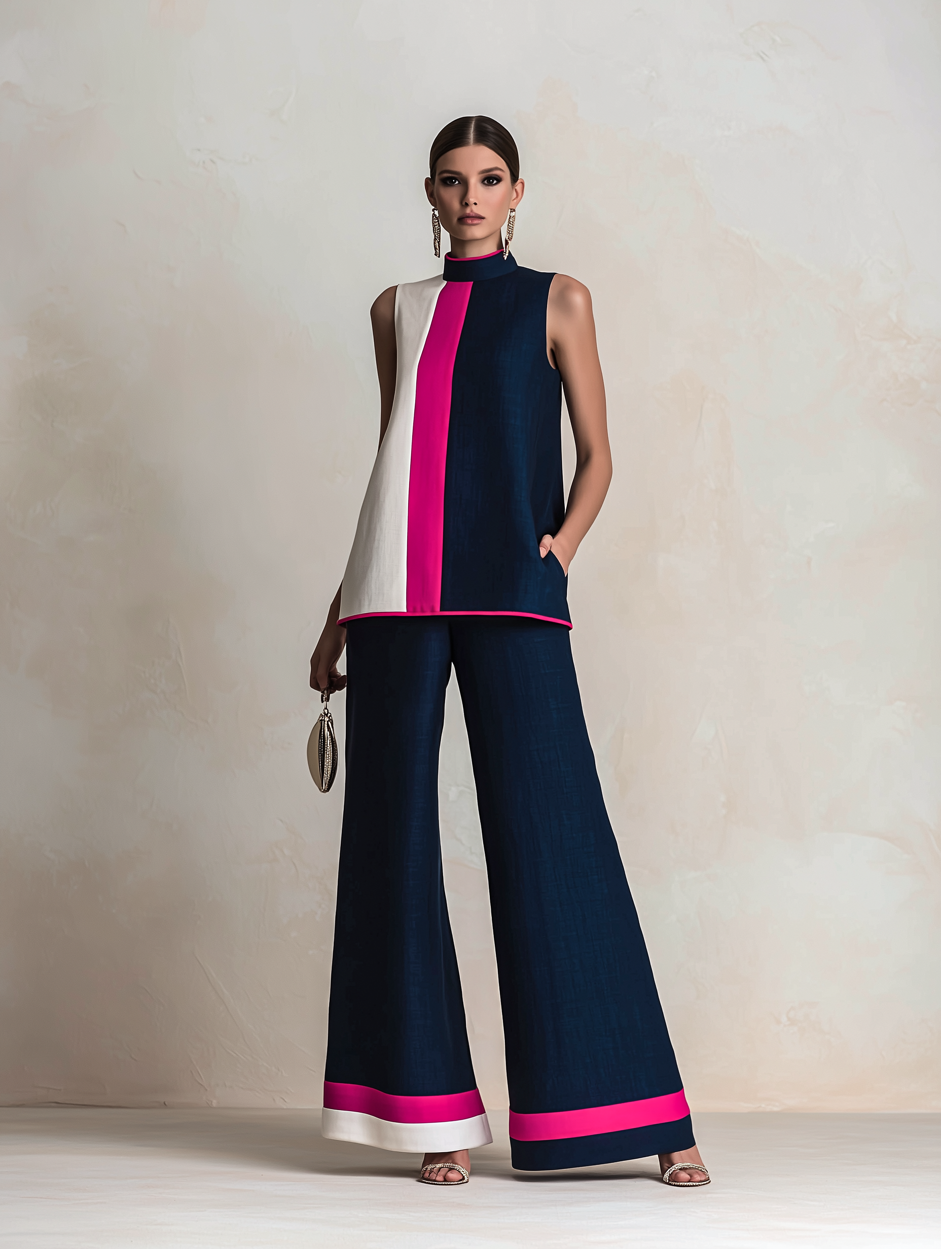 Color Block High-Neck Sleeveless Top & Wide-Leg Pants Set