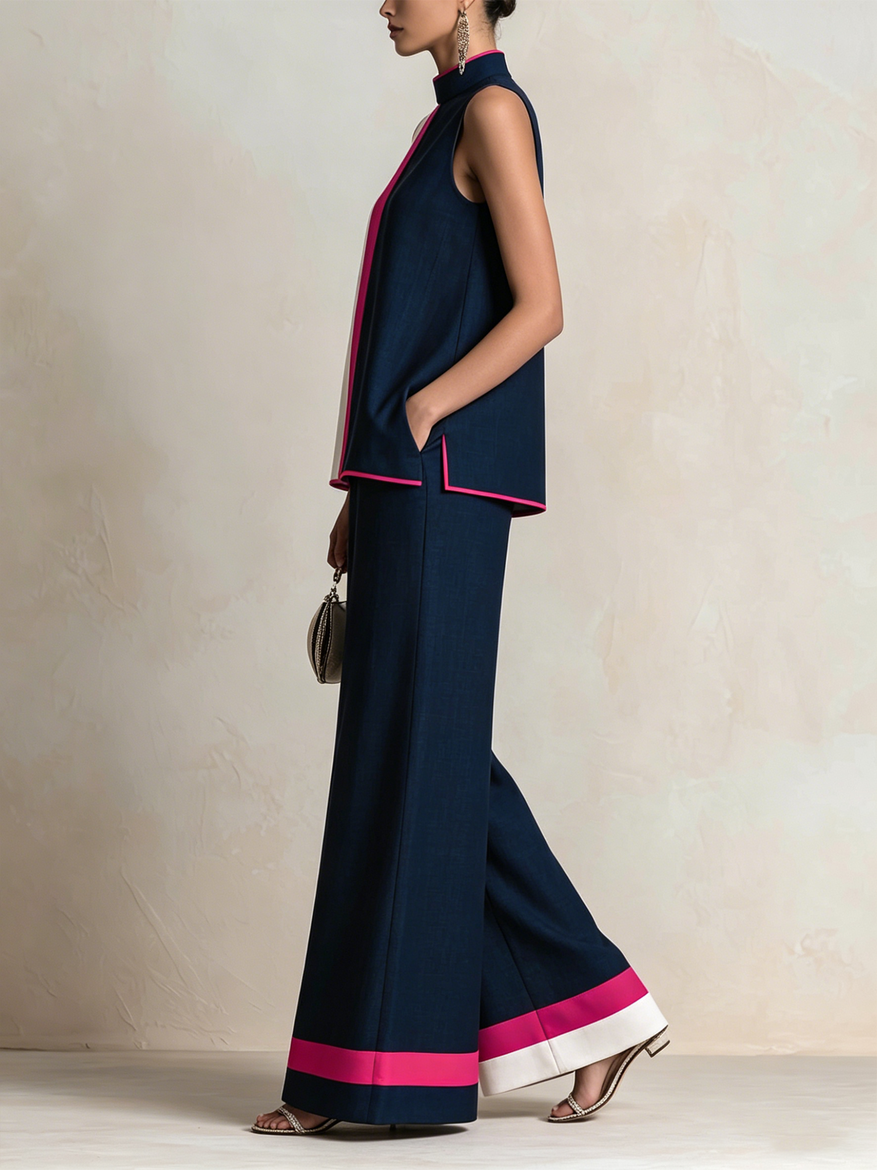 Color Block High-Neck Sleeveless Top & Wide-Leg Pants Set