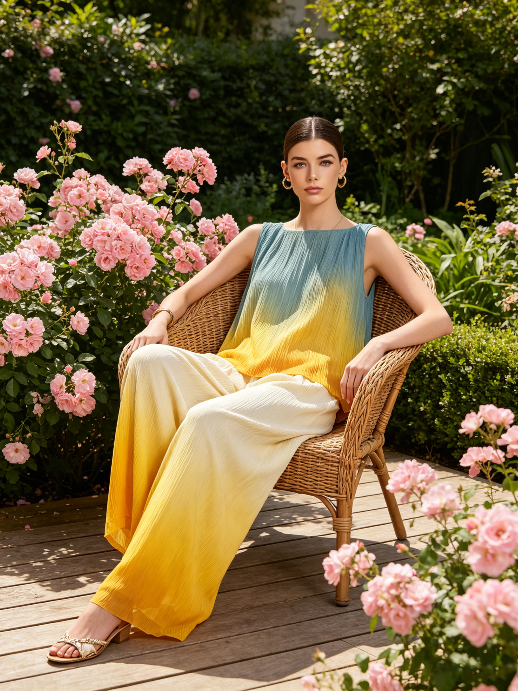 Sunset Ombré Pleated Sleeveless Two-Piece Wide-Leg Set