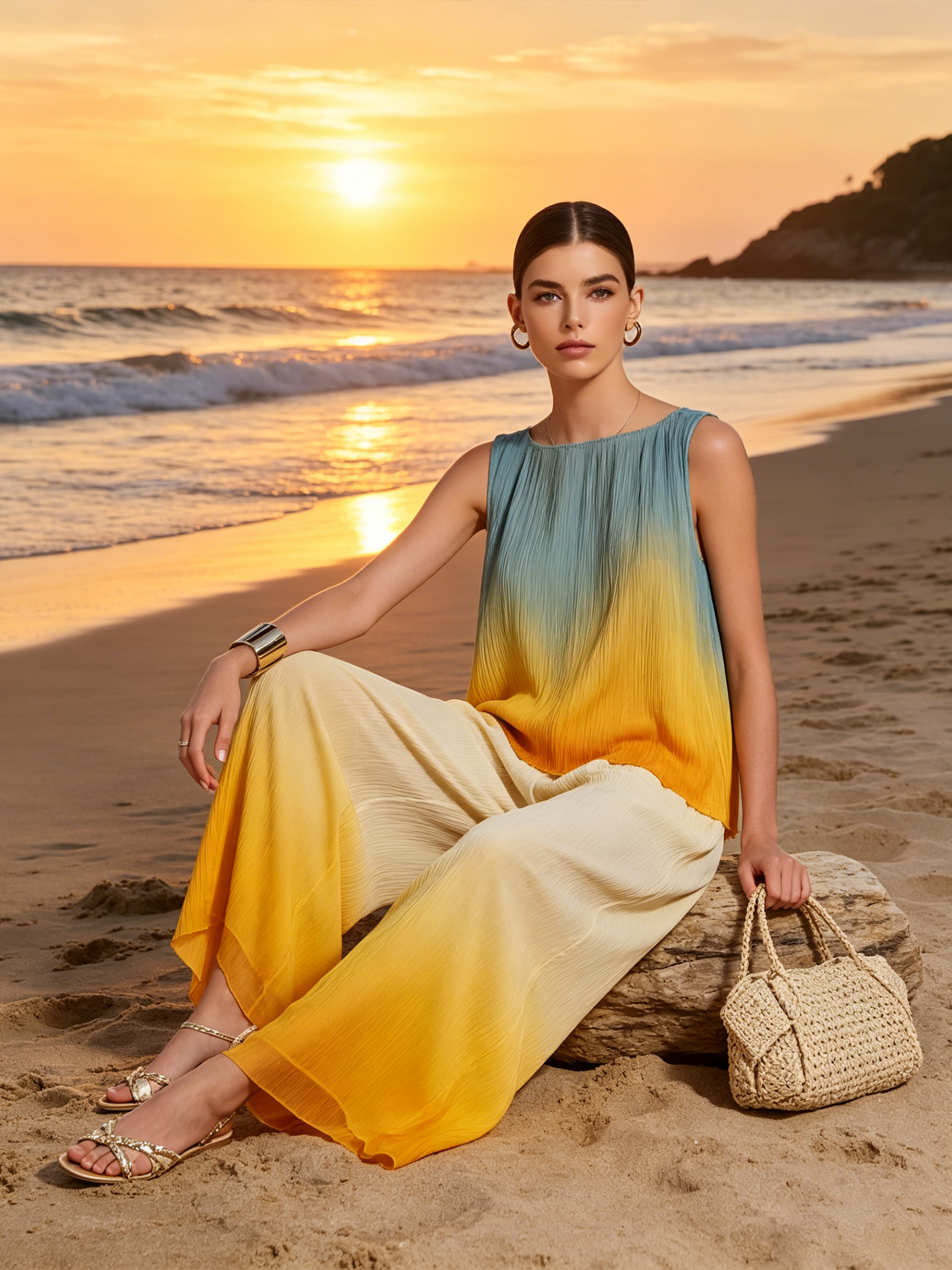 Sunset Ombré Pleated Sleeveless Two-Piece Wide-Leg Set