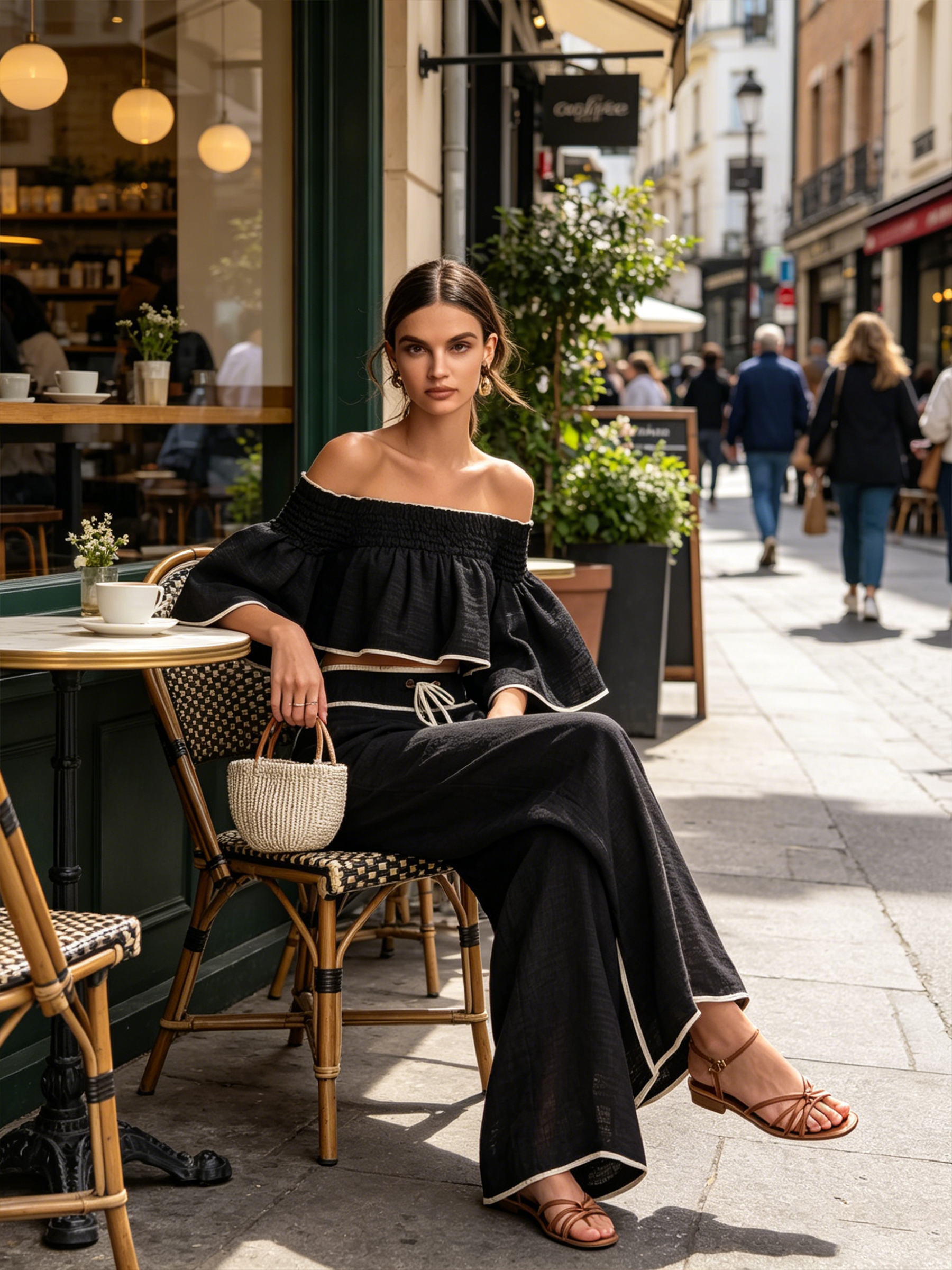 Black Linen-Blend Off-Shoulder Two-Piece Set With Contrast Trim