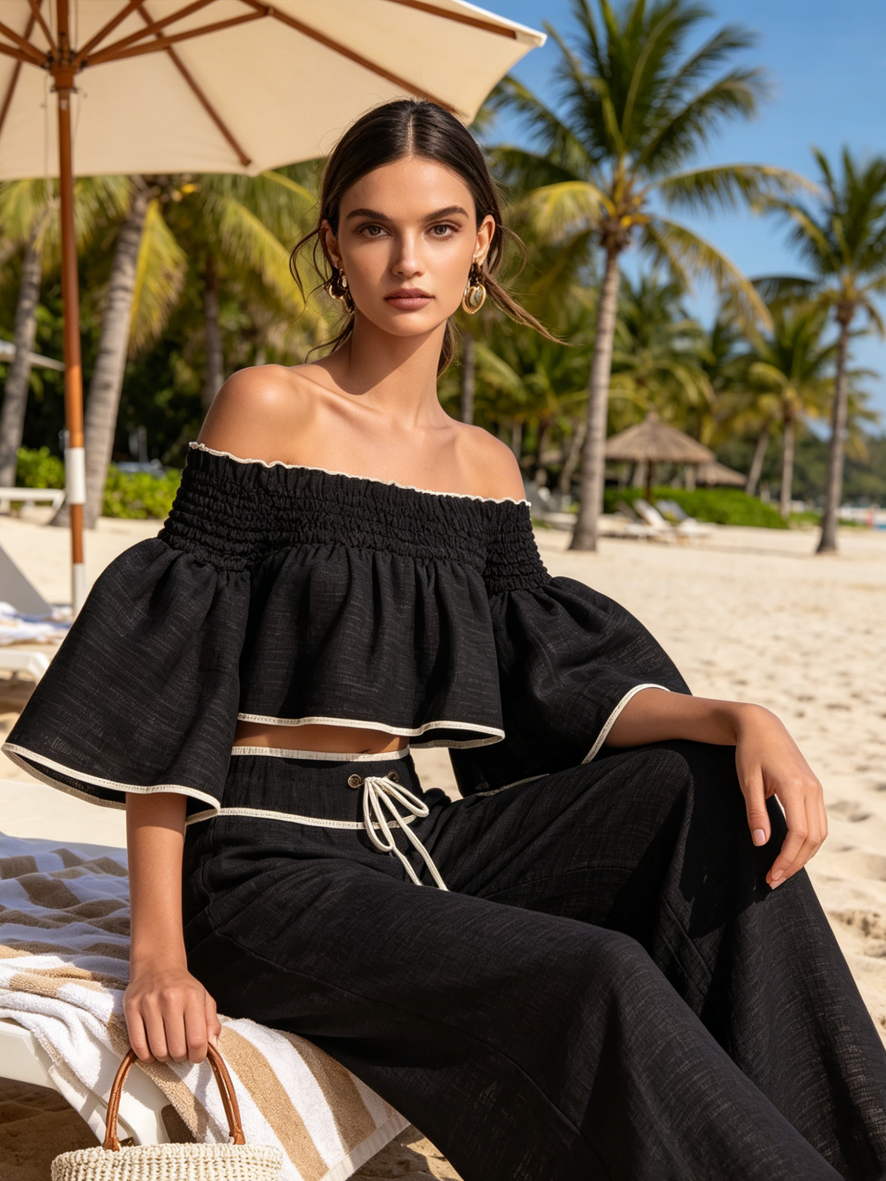 Black Linen-Blend Off-Shoulder Two-Piece Set With Contrast Trim