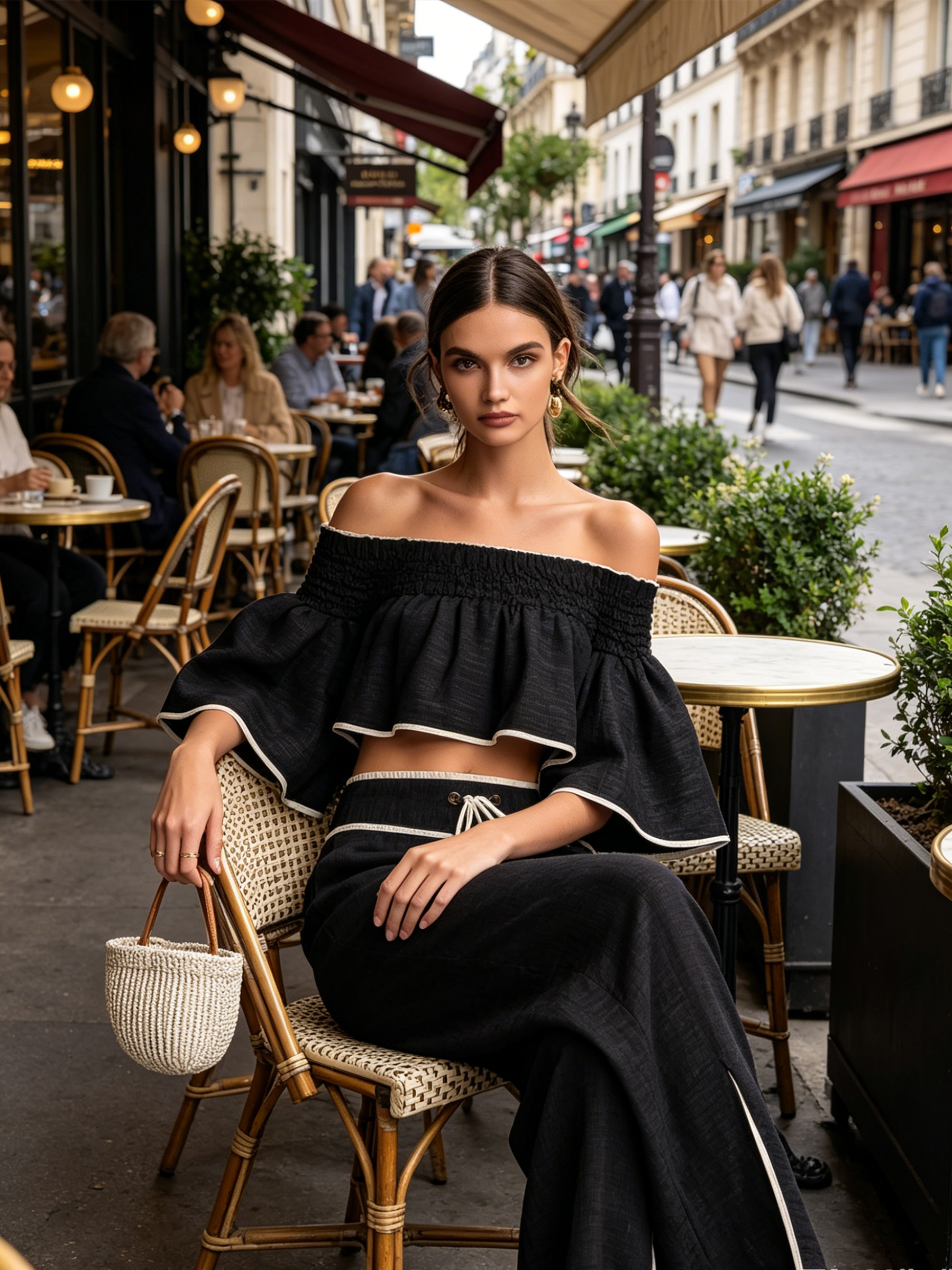 Black Linen-Blend Off-Shoulder Two-Piece Set With Contrast Trim