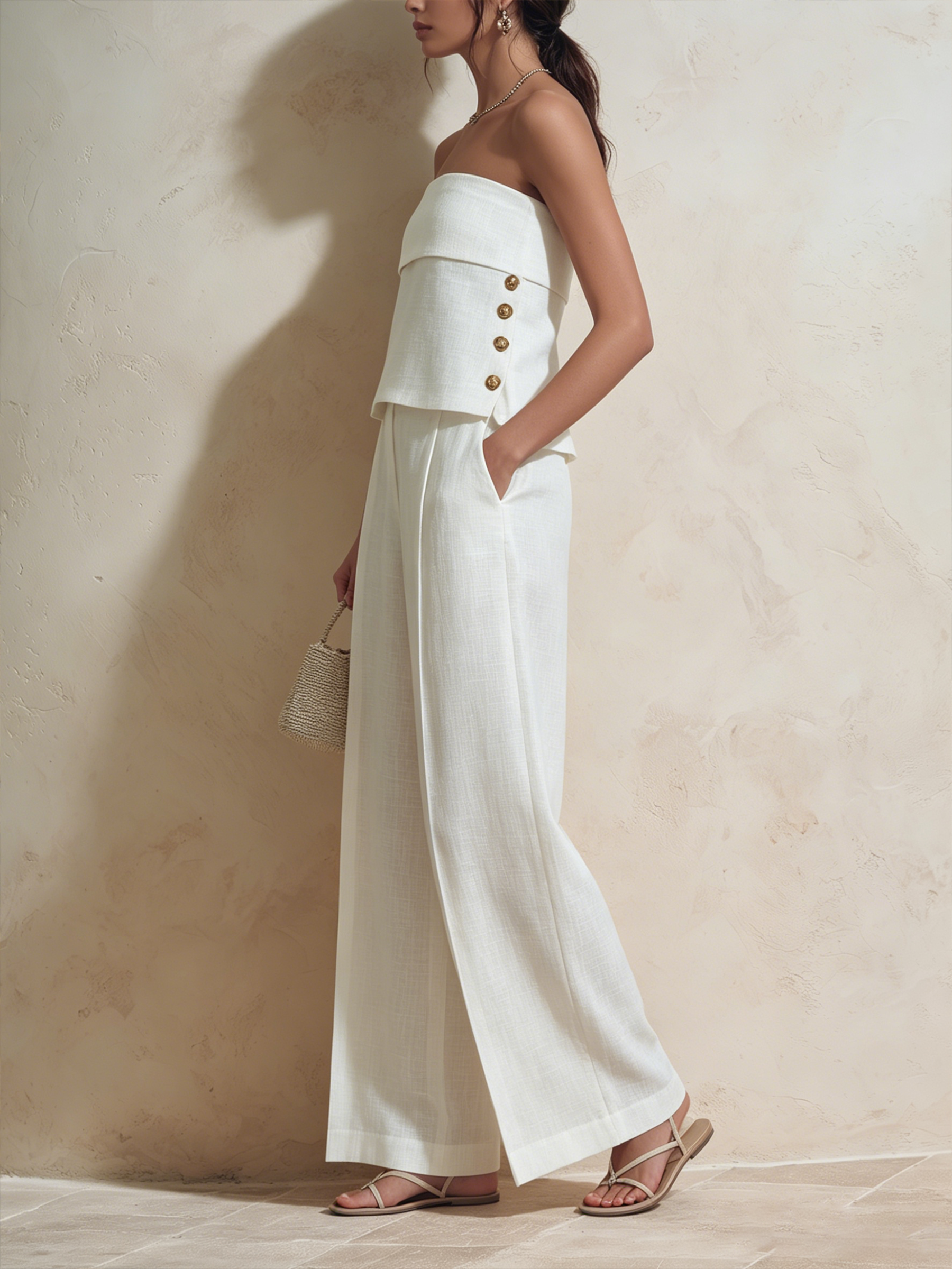 White Linen-Blend Strapless Tube Top & High-Waisted Wide-Leg Pants Set