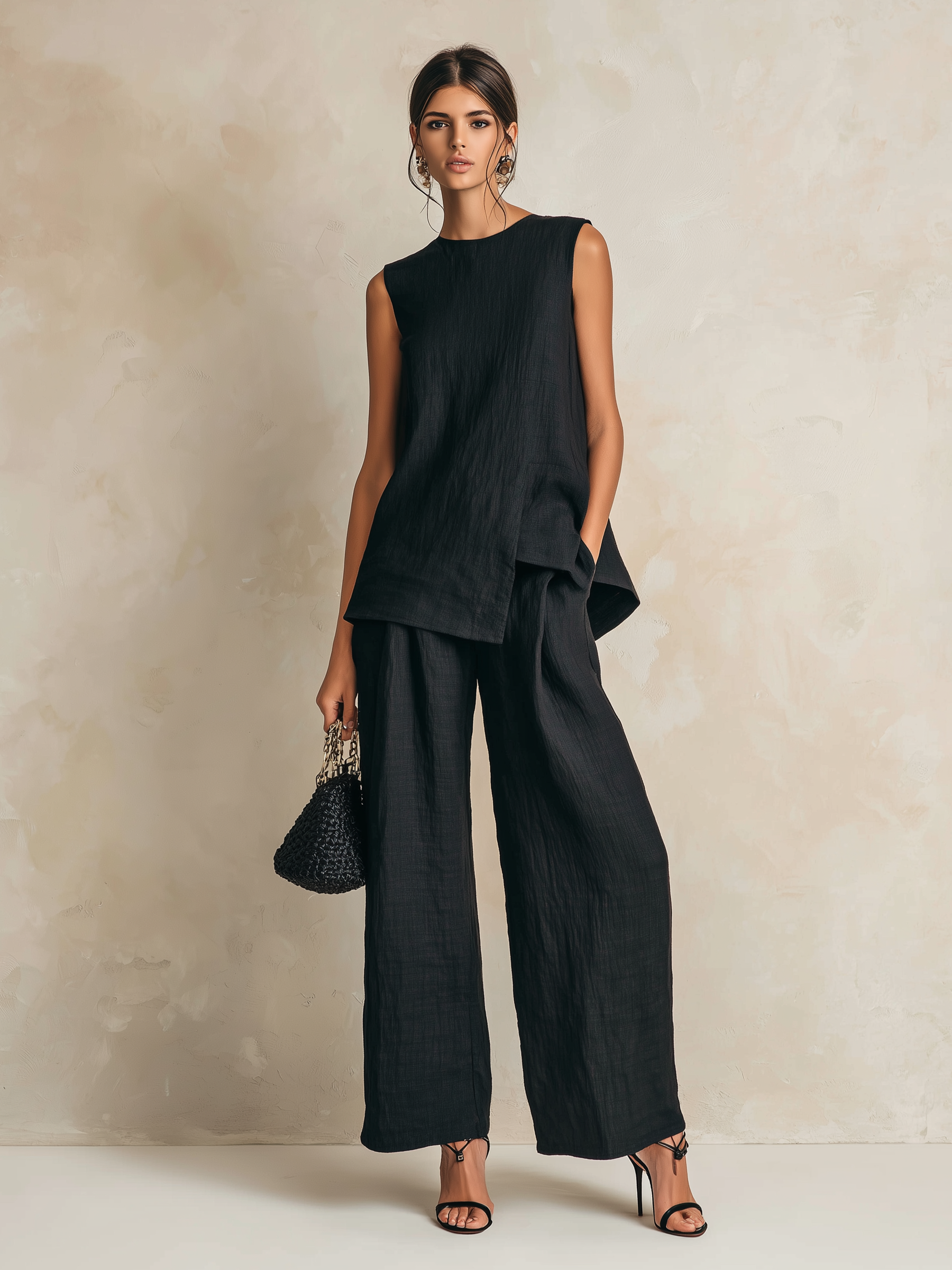 Black Textured Linen-Blend Asymmetric Two-Piece Wide-Leg Set