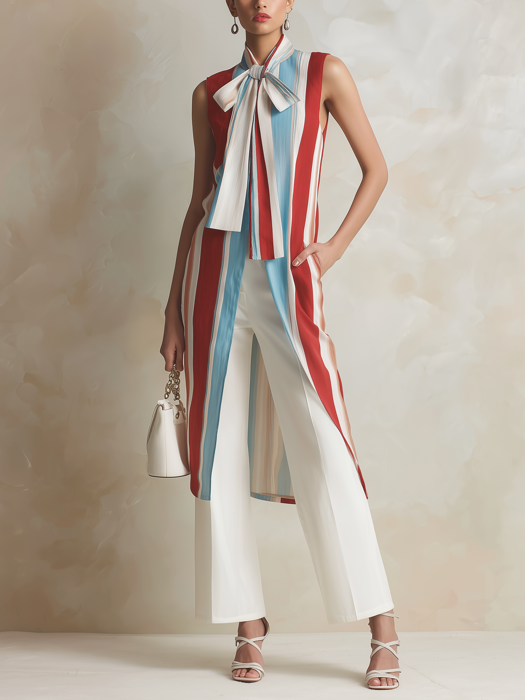 Striped Bow-Neck Longline Vest & Wide-Leg Pants Set