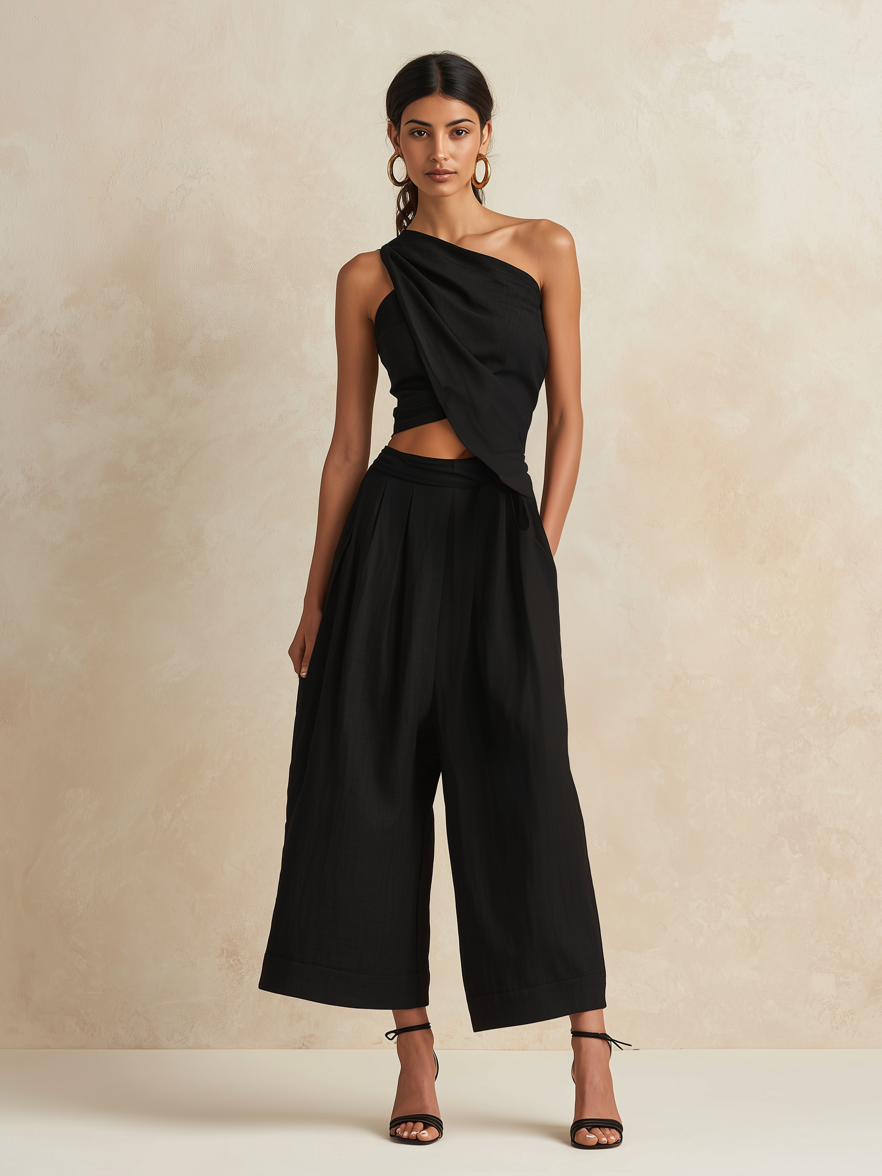 Black Asymmetric One-Shoulder Top & High-Waisted Culotte Set