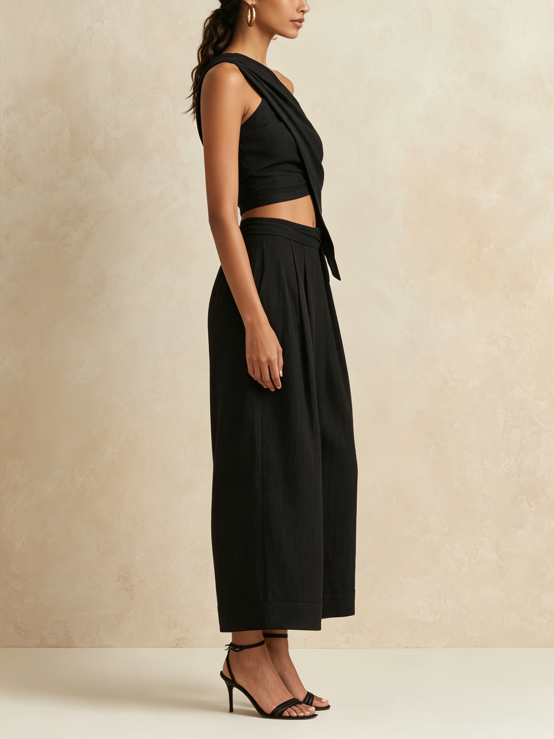 Black Asymmetric One-Shoulder Top & High-Waisted Culotte Set