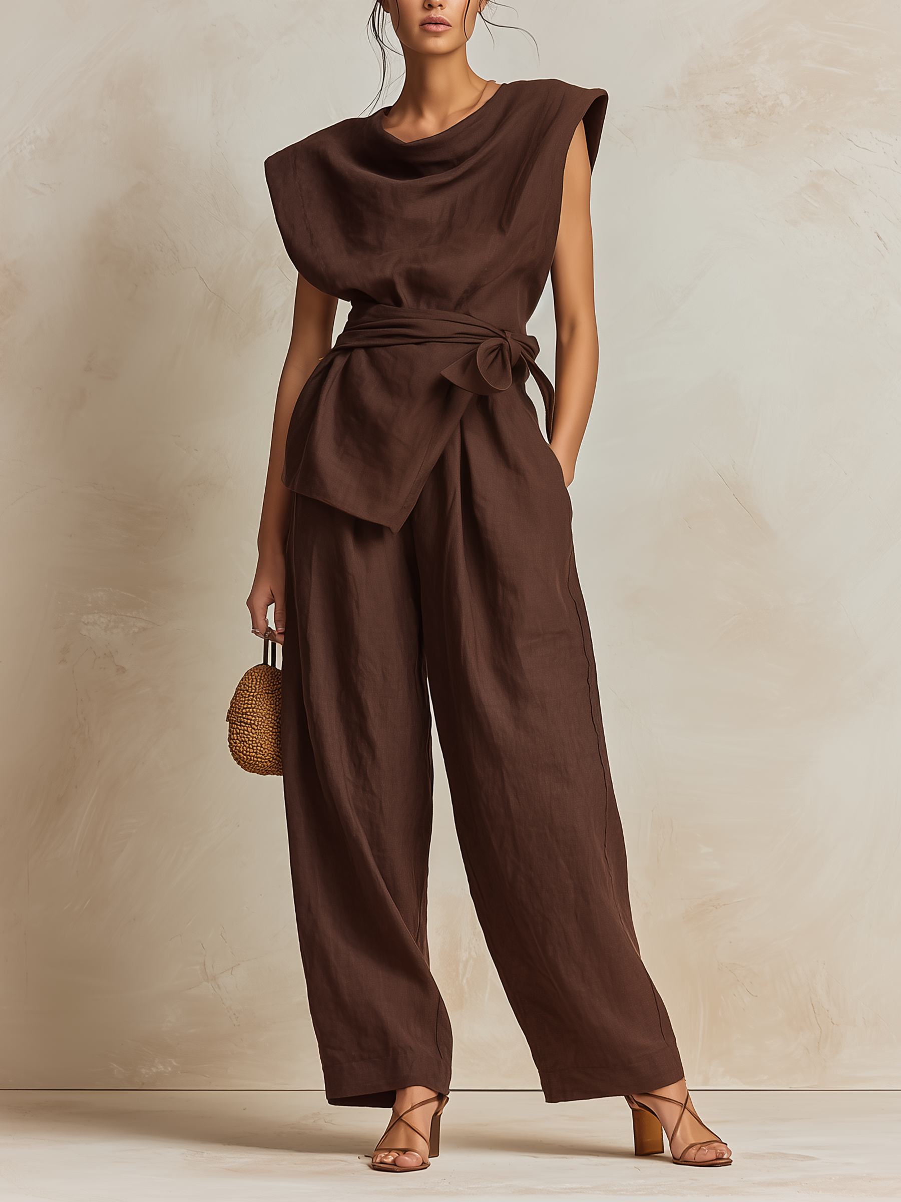 Chocolate Brown Linen-Blend Cowl-Neck Top & Wide-Leg Pants Set With Waist Tie