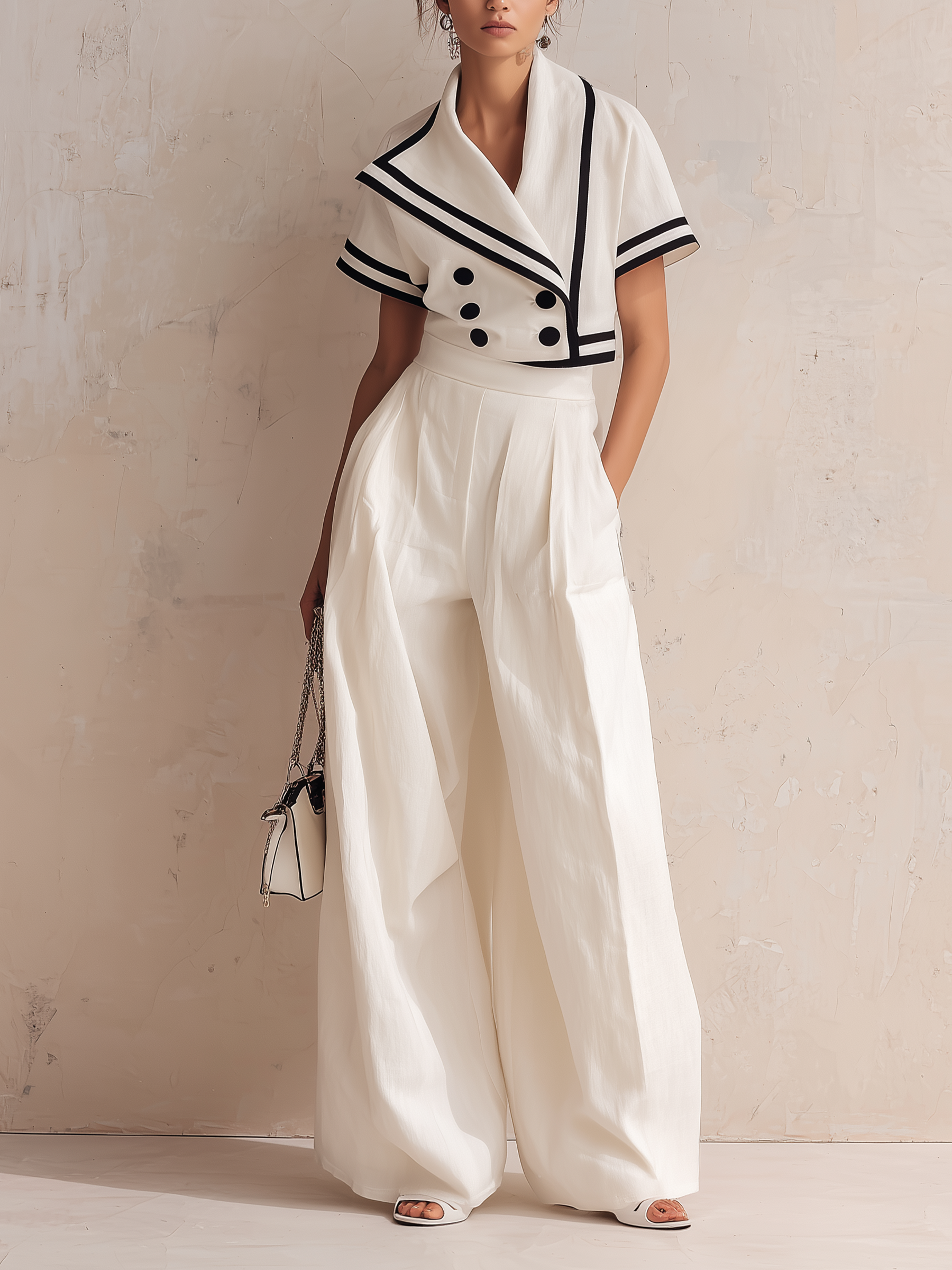 White Nautical Trim Blazer & High-Waisted Wide-Leg Pants Set