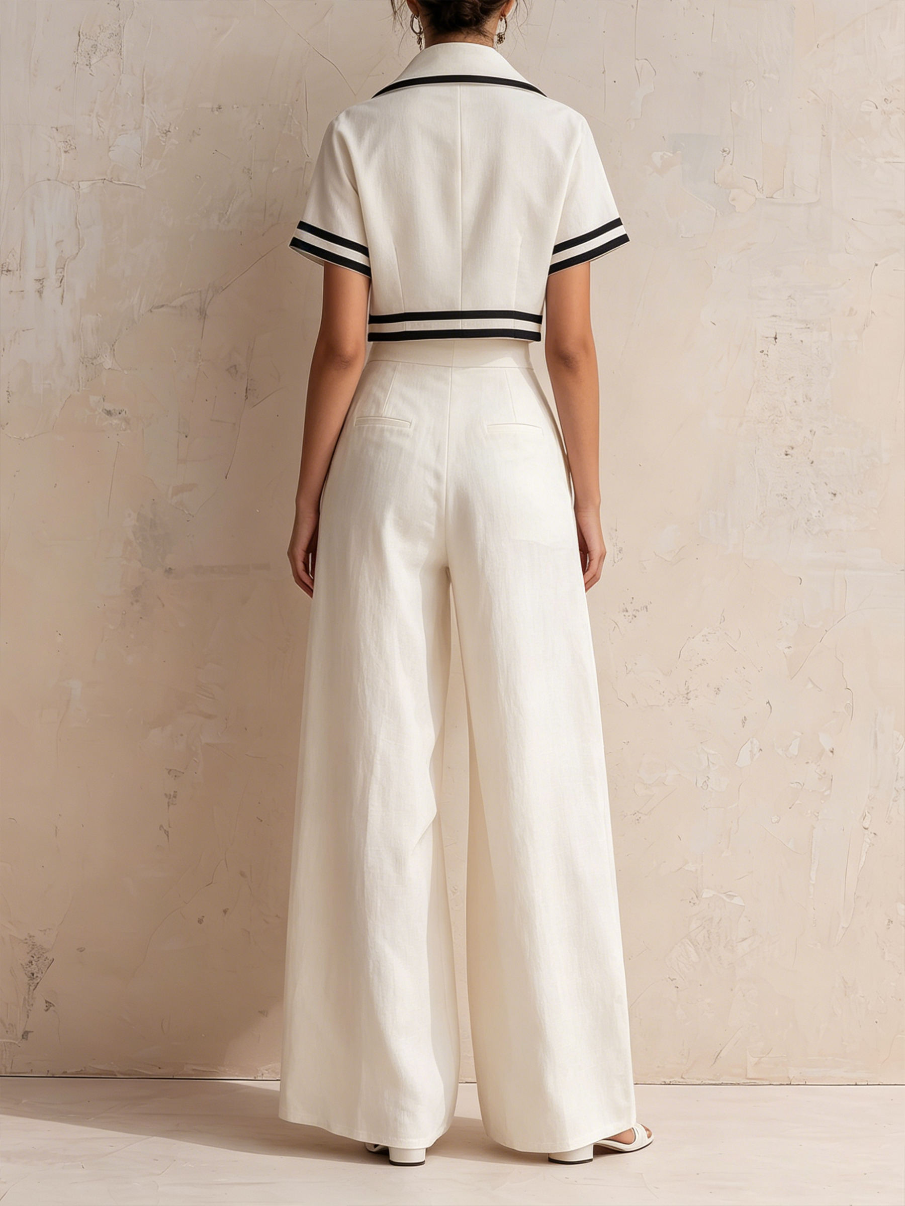 White Nautical Trim Blazer & High-Waisted Wide-Leg Pants Set