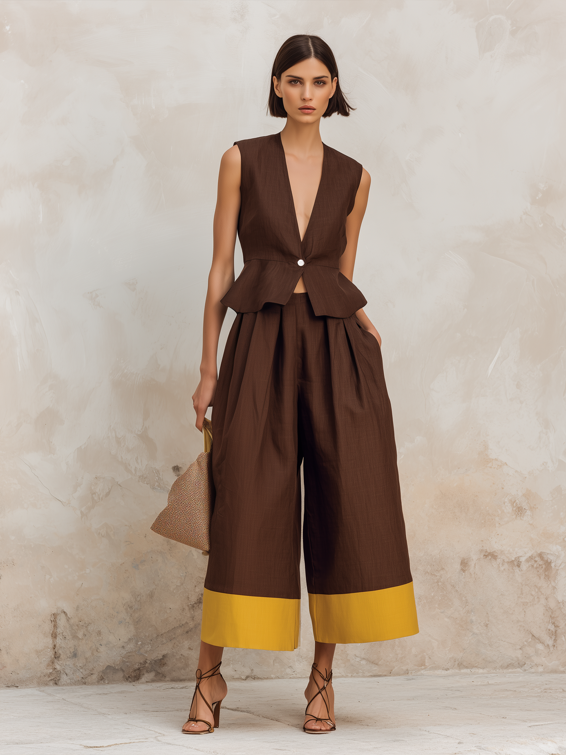 Brown Linen-Blend Peplum Vest & Color-Block Culotte Set