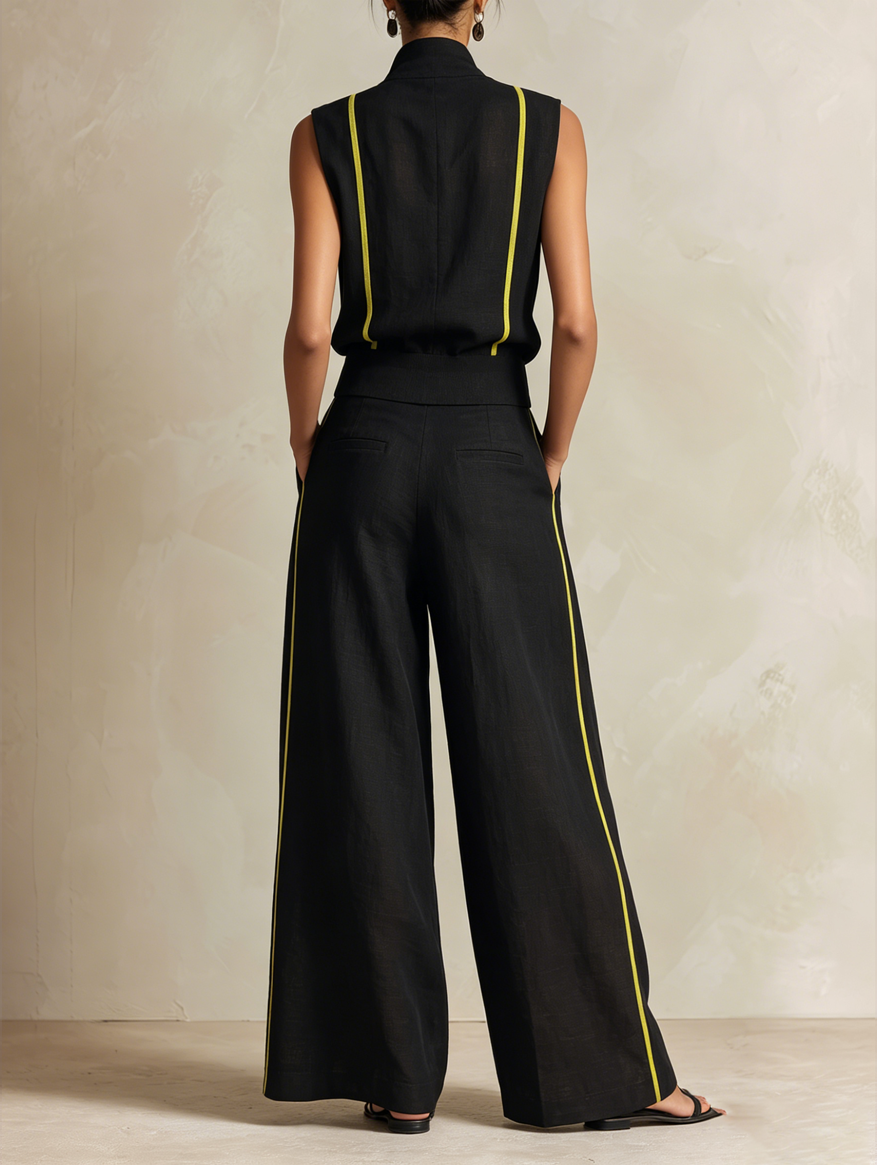 Black & Neon Yellow Linen-Blend Sleeveless Vest & Wide-Leg Pant Set