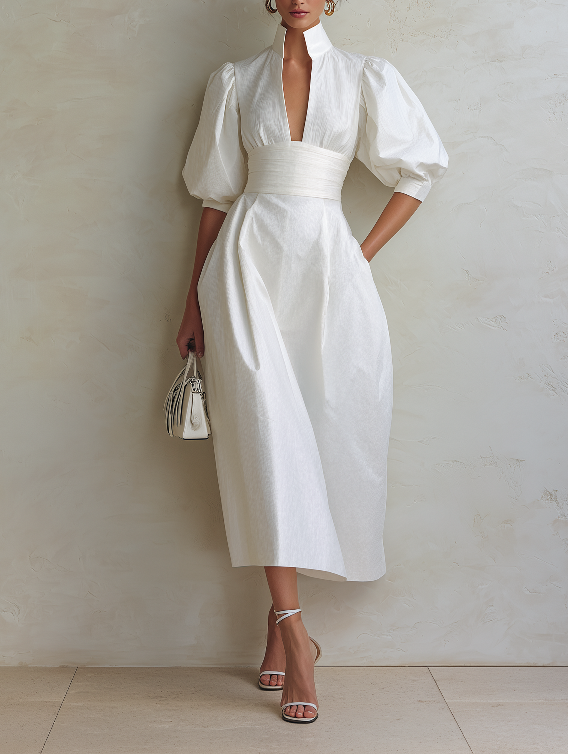 White High-Neck Puff Sleeve Midi Dress