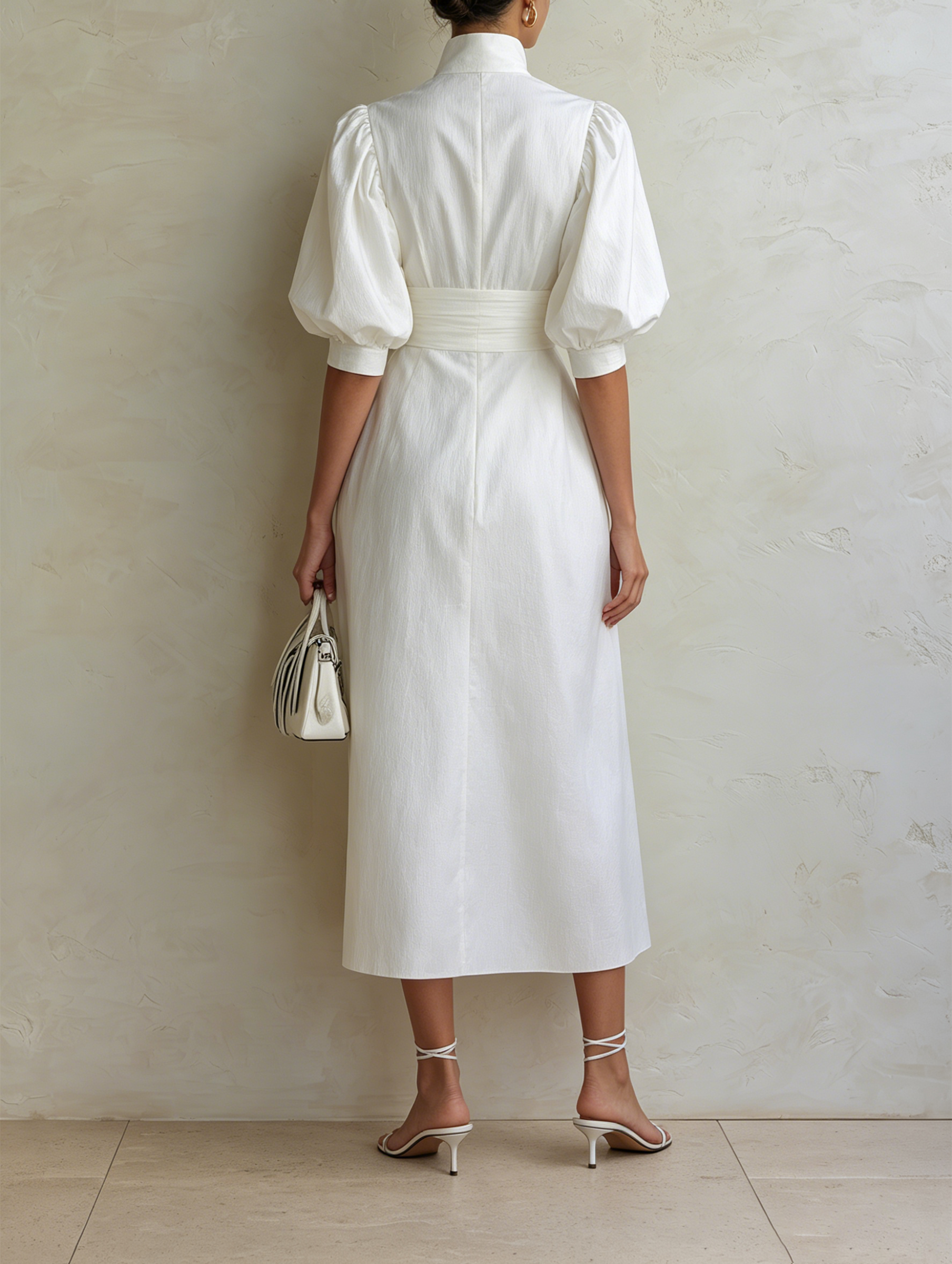 White High-Neck Puff Sleeve Midi Dress