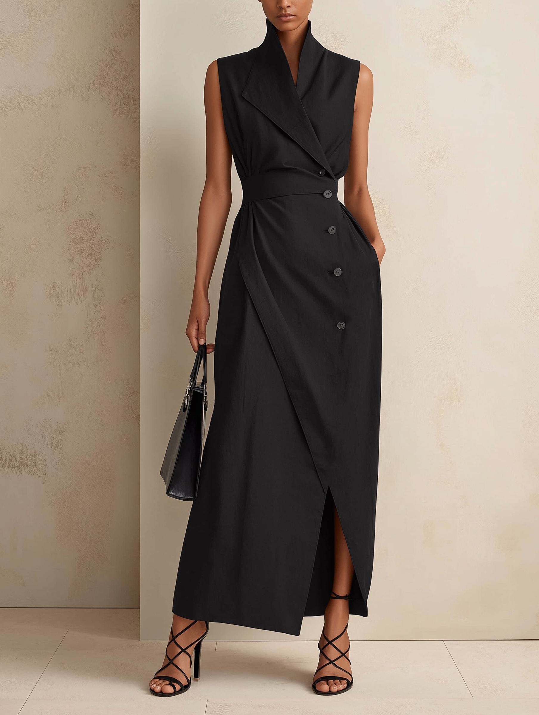 Black Linen-Blend Sleeveless Wrap Maxi Dress