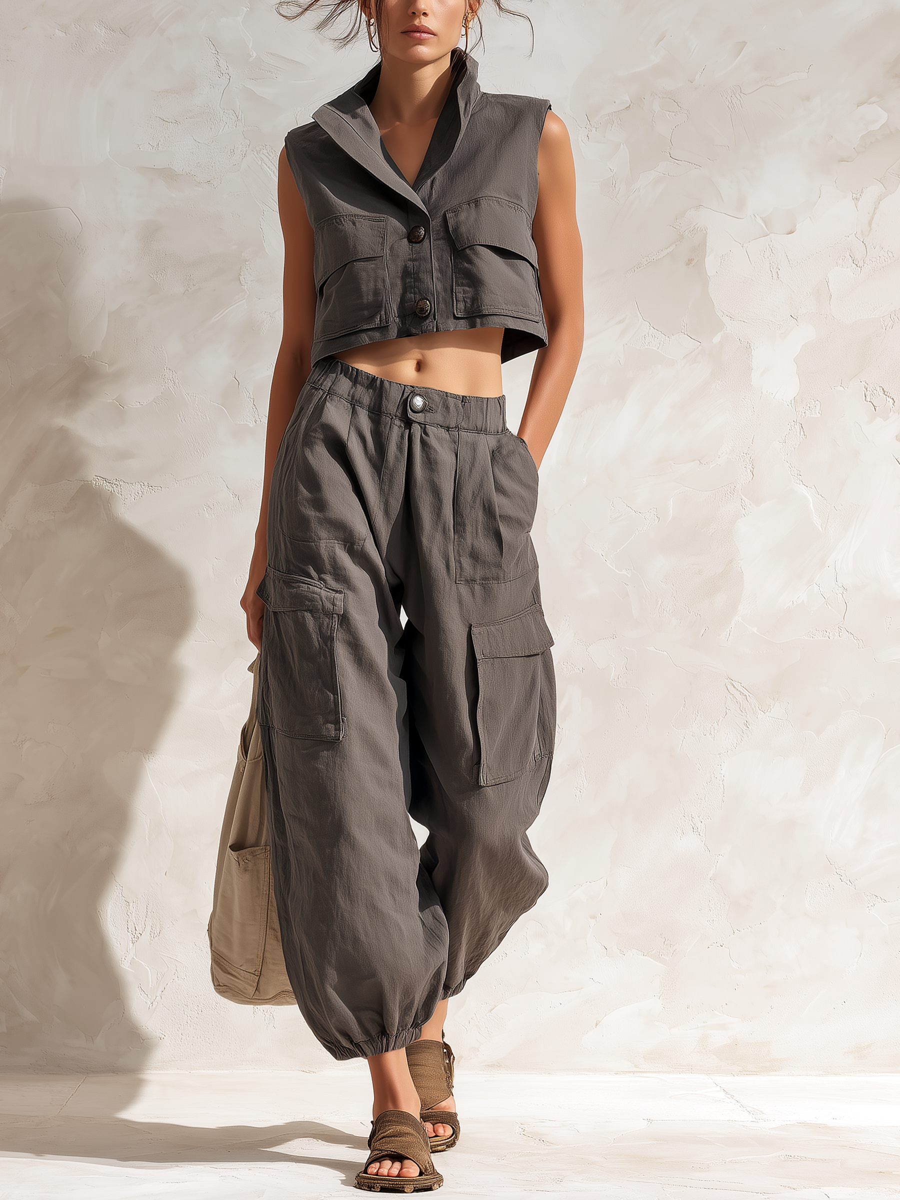 Charcoal Gray Cropped Utility Vest & Parachute Cargo Pants Set