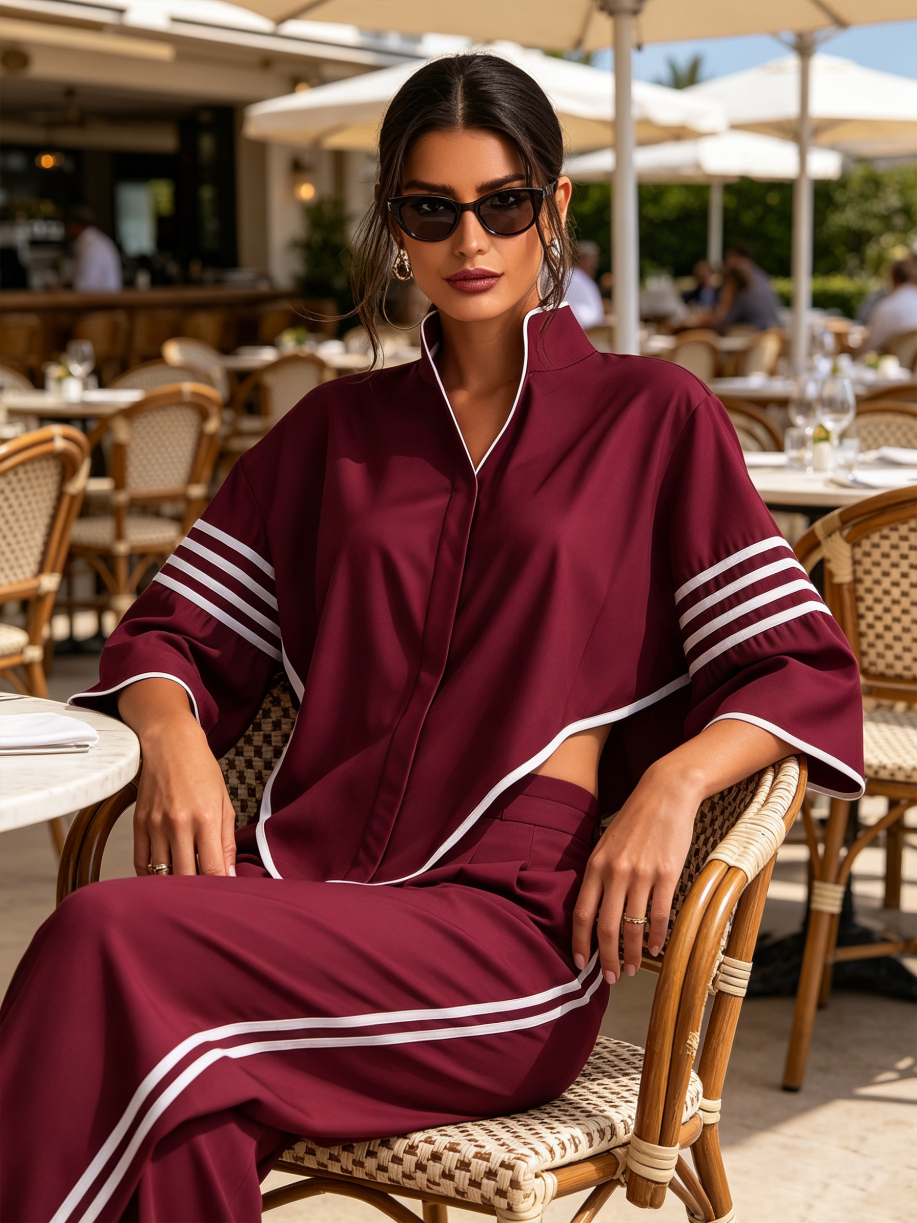 Burgundy Asymmetric Trimmed Top & Wide-Leg Pants Set