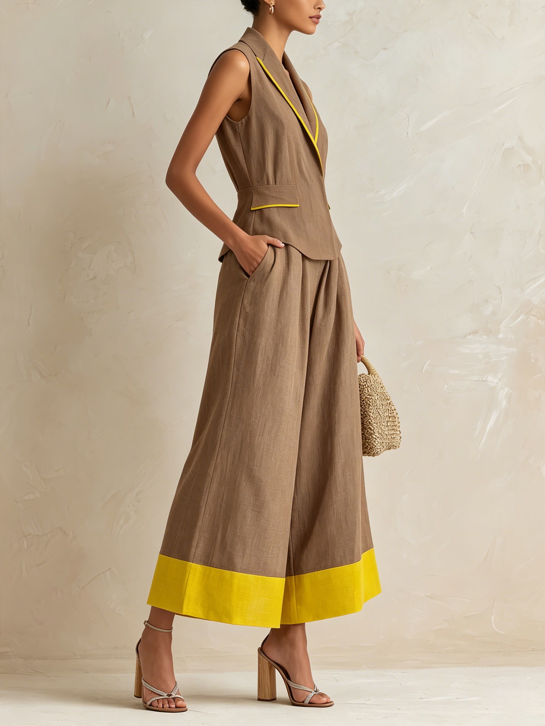 Brown & Yellow Linen Contrast Vest & Wide-Leg Culotte Set
