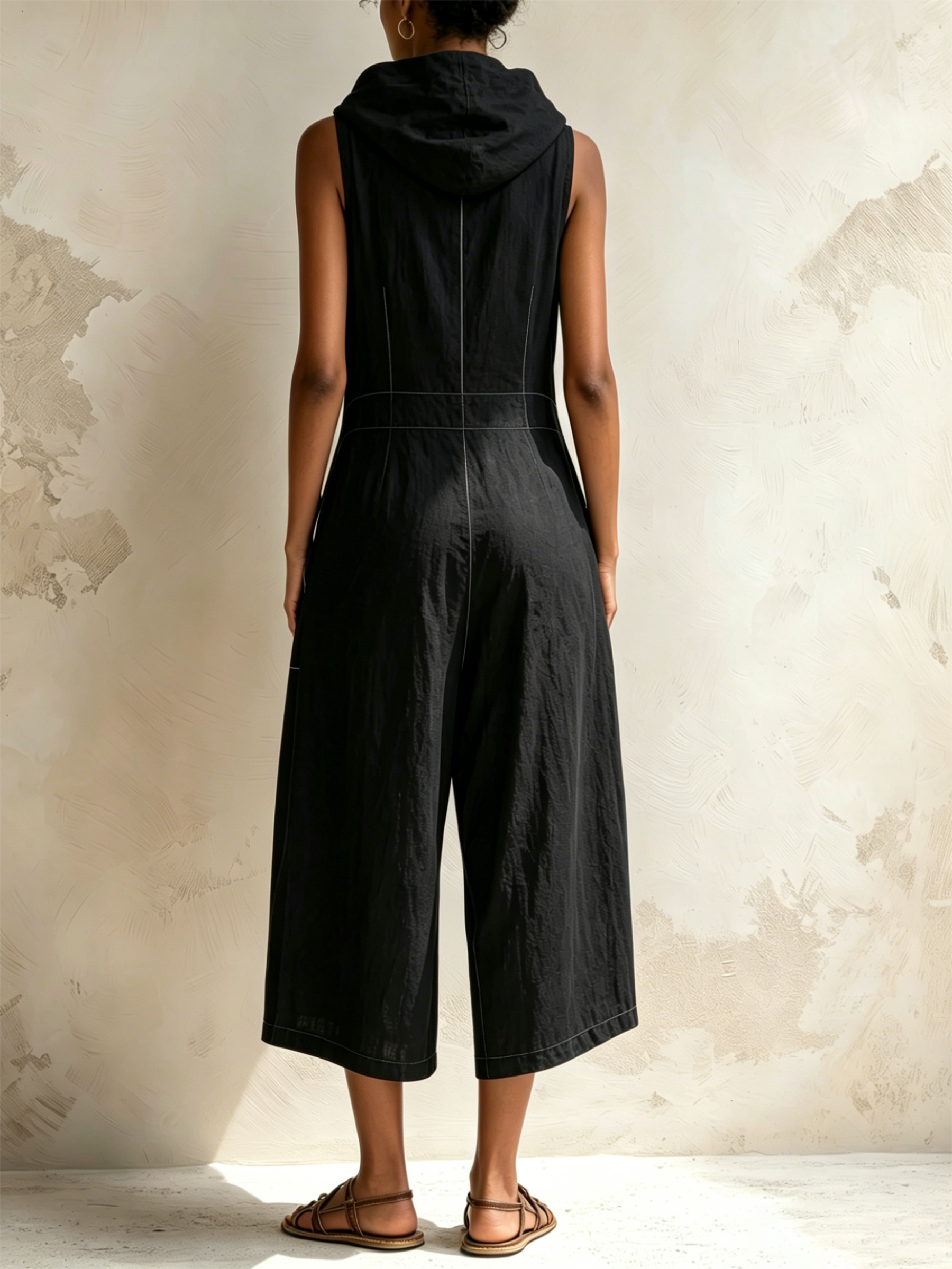 Black Contrast Stitch Hooded Sleeveless Wide-Leg Cotton-Blend Jumpsuit