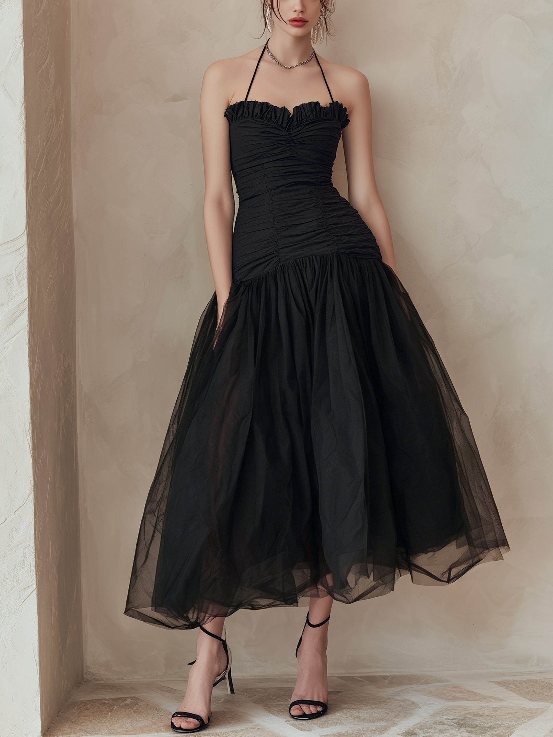 Ruffled Halter Ruched Bodice Tulle Midi Black Evening Dress