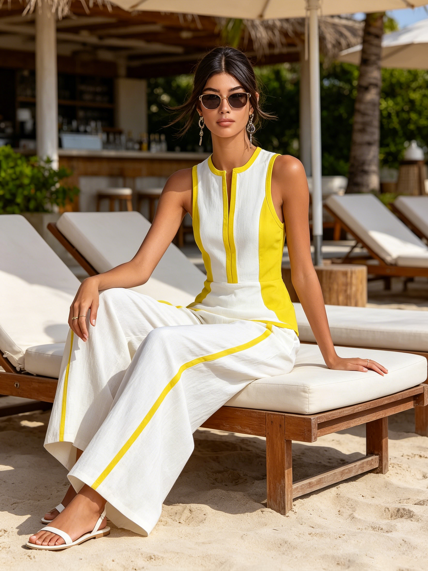 Color Block Sleeveless Fitted Top & Side Stripe Wide Leg Pants Two-Piece Set