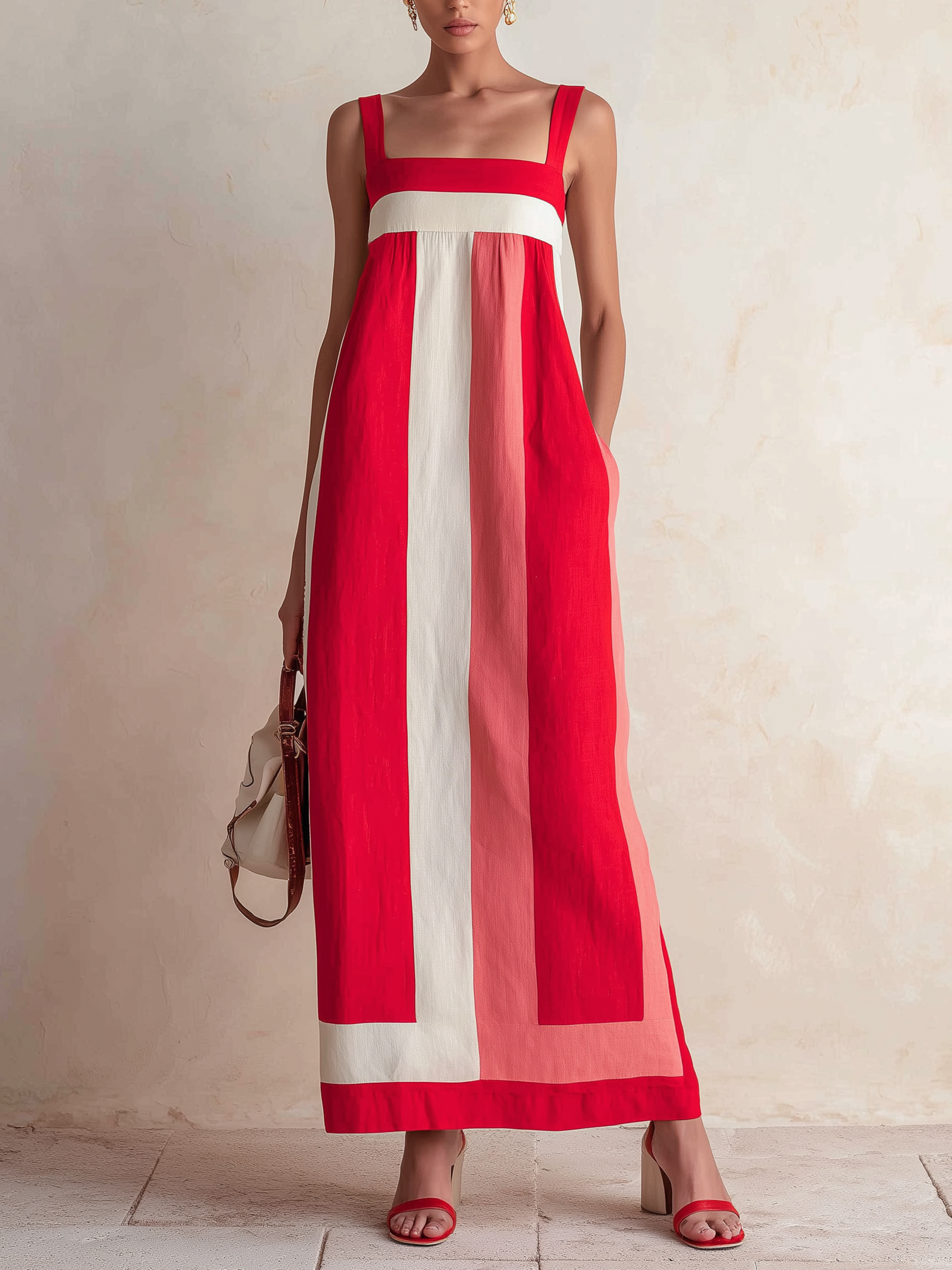 Color Block Linen Blend Square Neck Slip Maxi Dress, Casual Vacation Pocket Long Sundress
