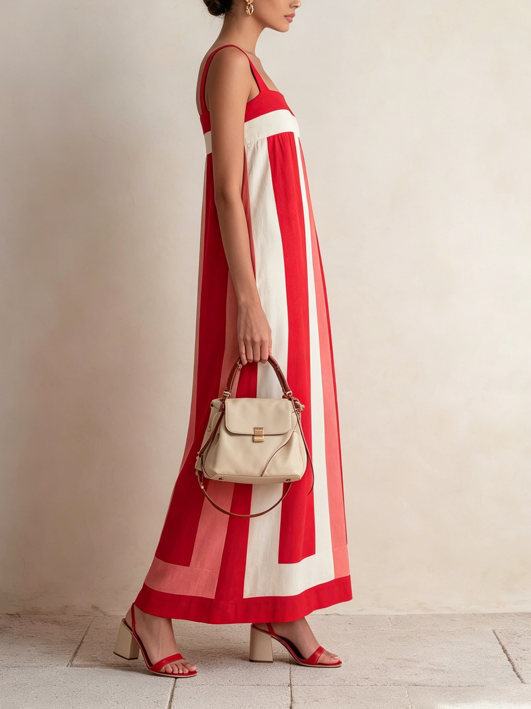 Color Block Linen Blend Square Neck Slip Maxi Dress, Casual Vacation Pocket Long Sundress