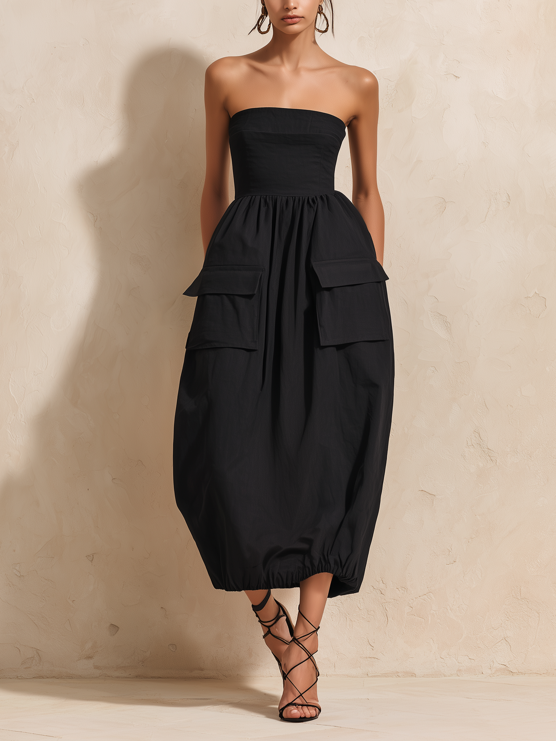 Strapless Big Cargo Pocket Bubble Hem Midi Dress, Casual High Waist Black Vacation Dress
