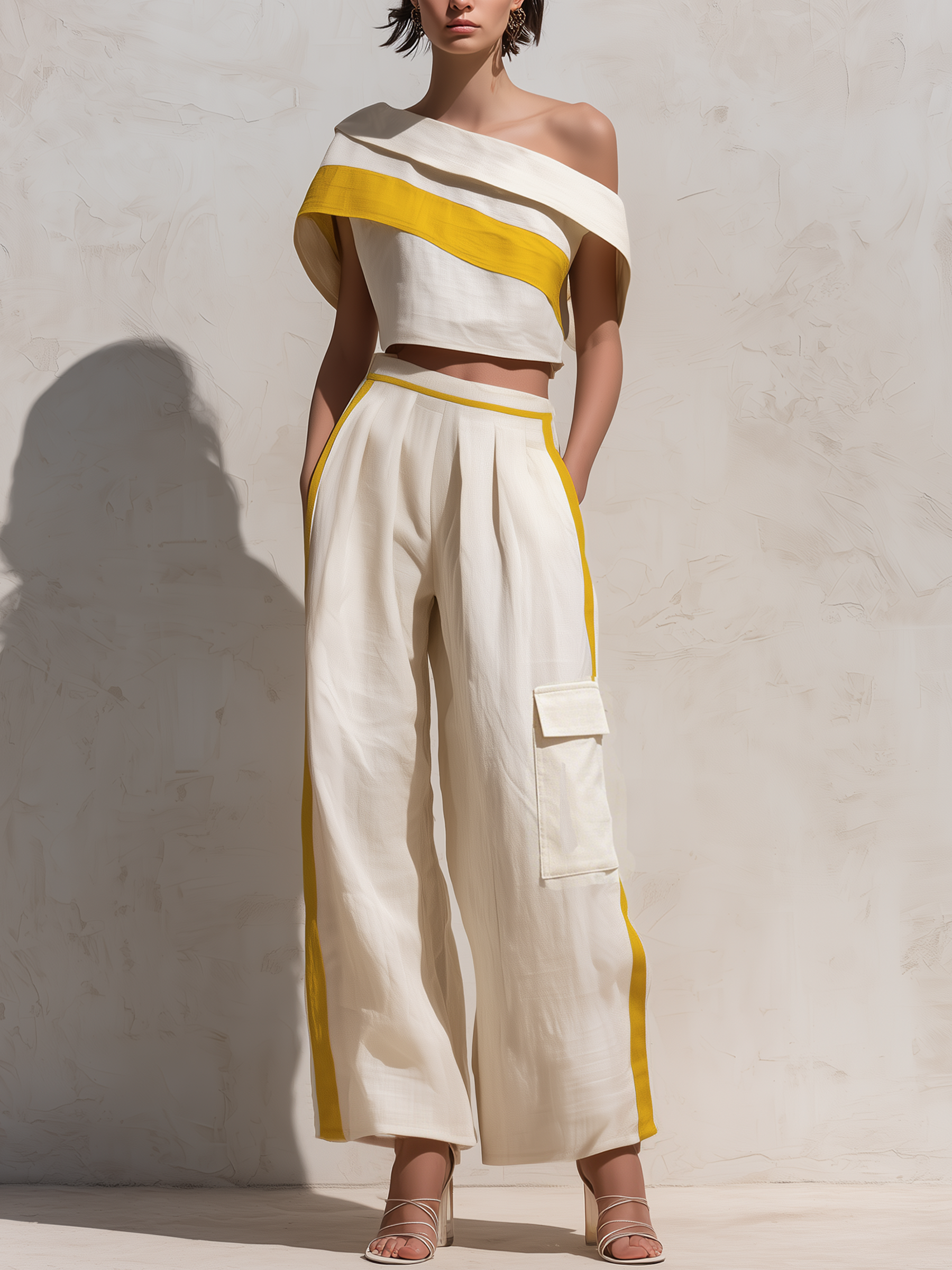 Off Shoulder Yellow Stripe Linen Crop Top & Side Stripe Cargo Wide Leg Pants Two-Piece Vacation Set