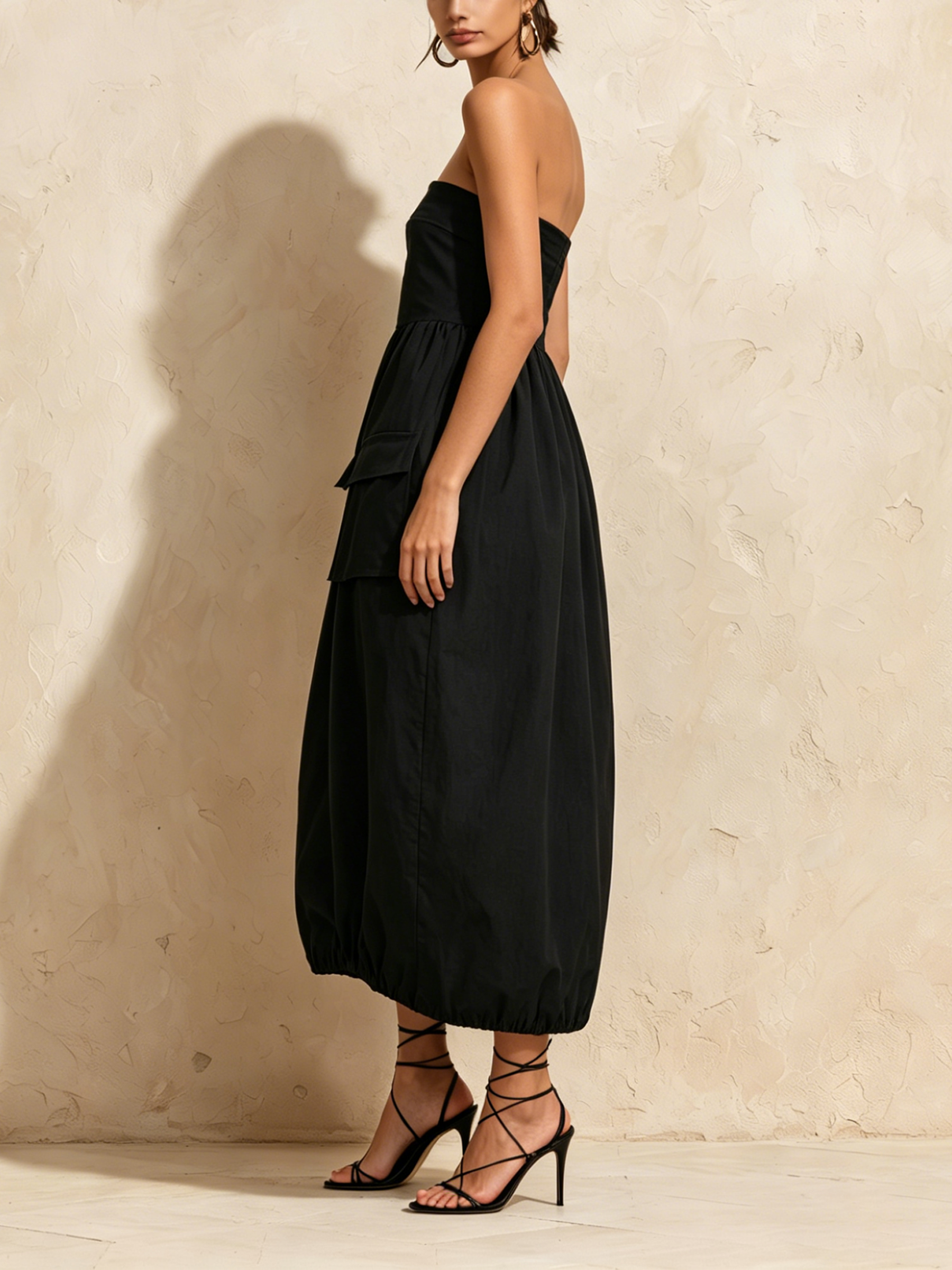 Strapless Big Cargo Pocket Bubble Hem Midi Dress, Casual High Waist Black Vacation Dress