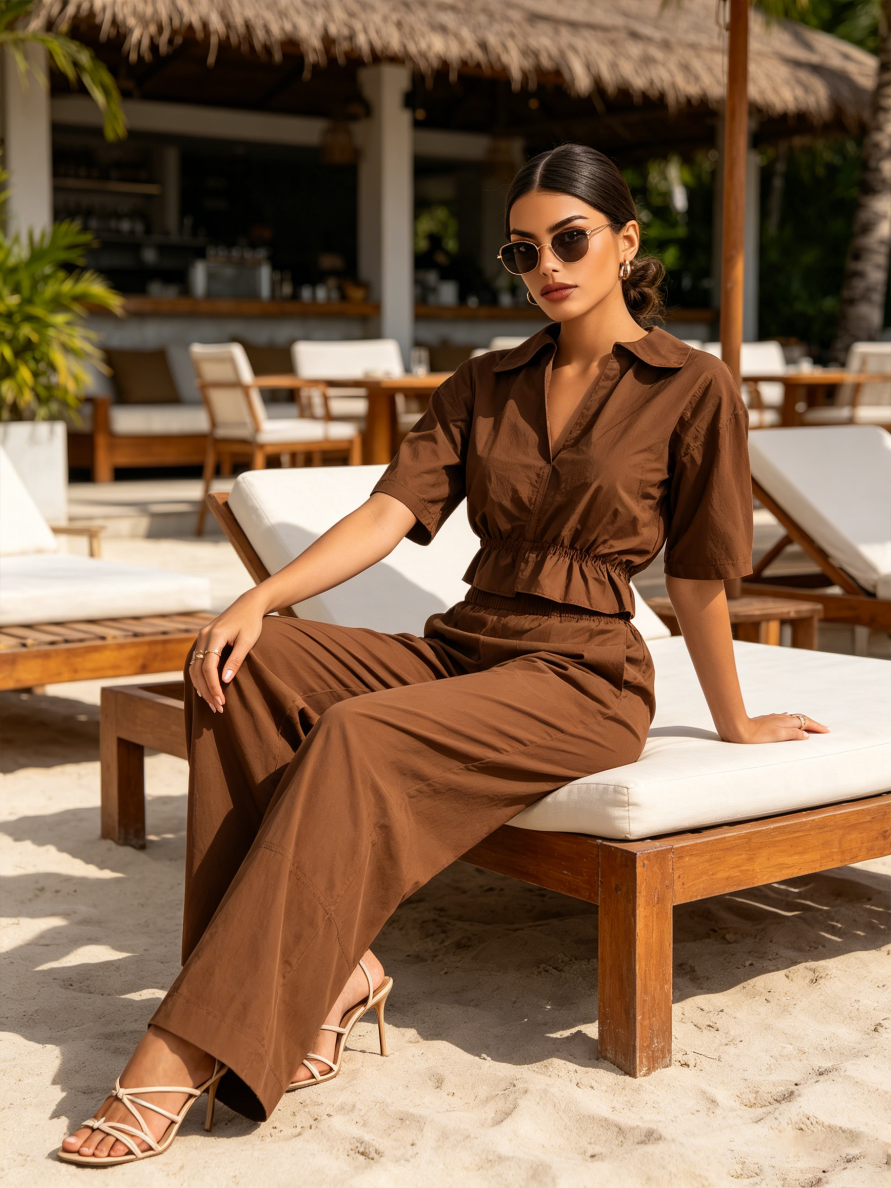 Collared Short Sleeve Cropped Shirt & Elastic High Waist Wide Leg Pants 2-Piece Casual Set