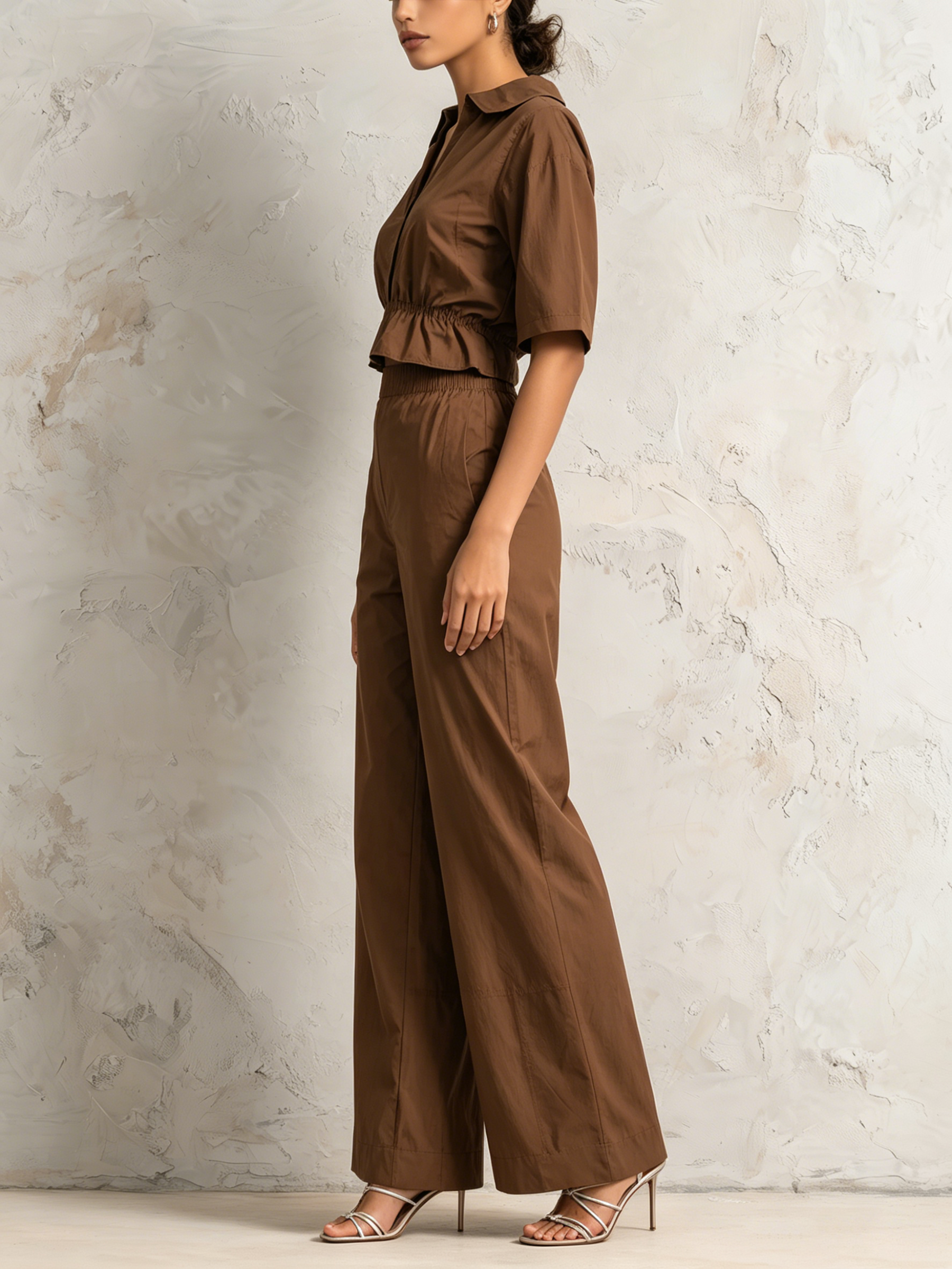 Collared Short Sleeve Cropped Shirt & Elastic High Waist Wide Leg Pants 2-Piece Casual Set